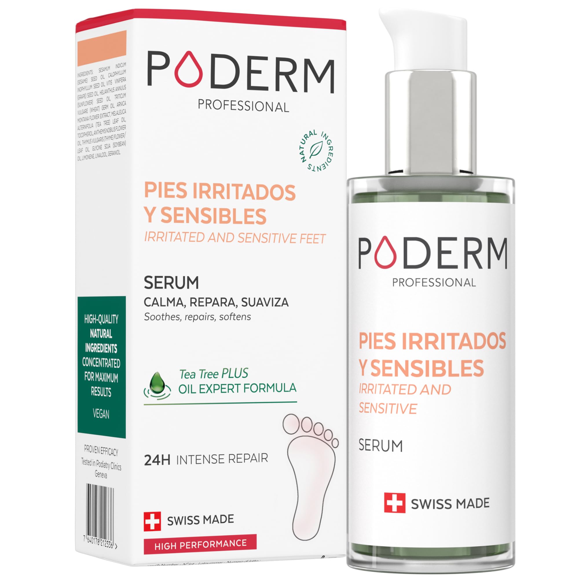 PODERM - ACEITE SÉRUM PIES ÁRBOL DE TÉ - Repara y calma irritaciones, picores, descamaciones - Post micosis, psoriasis, eccema - Cuidado de los pies - Swiss Made