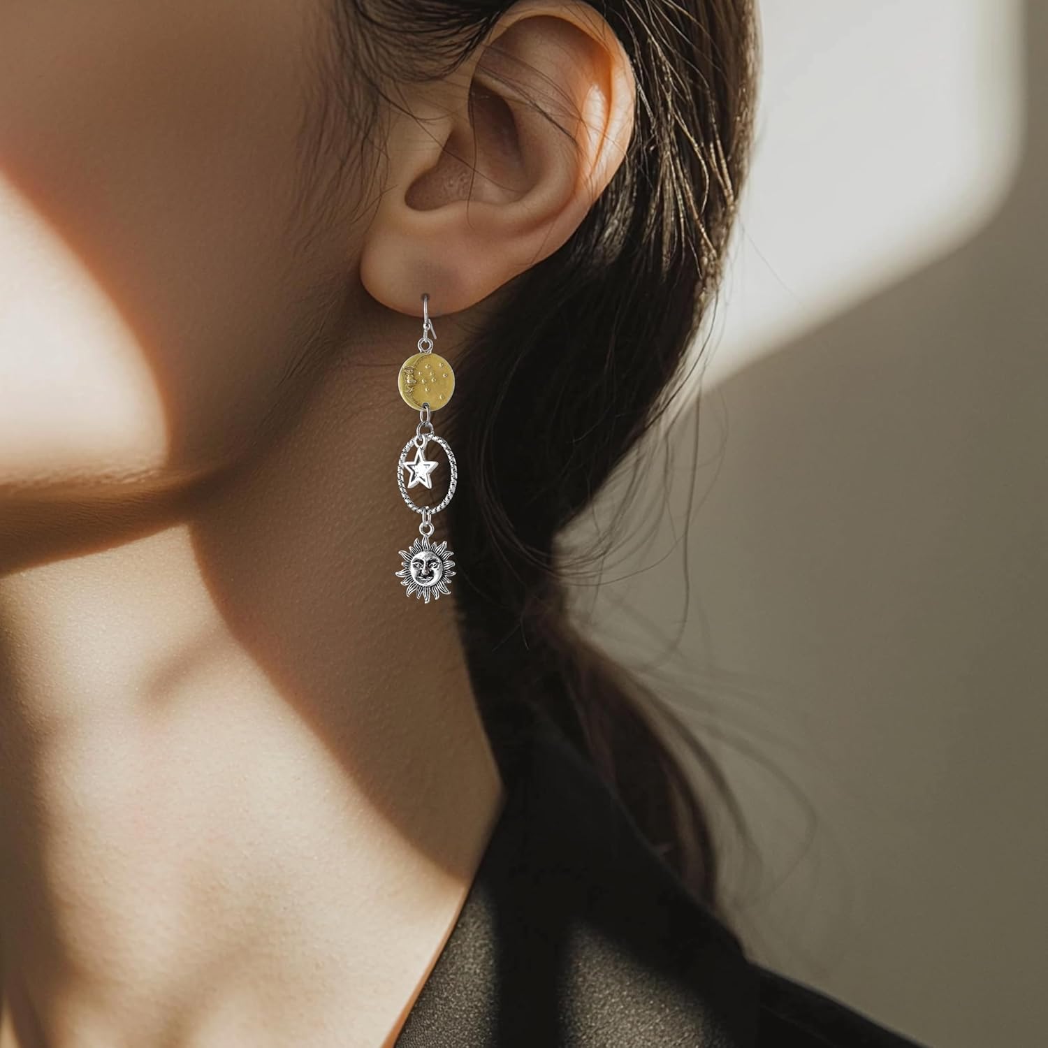 Vintage Sun Moon Star Dangle Earrings, Asymmetric Greek Mythology Drop Earrings for Women, Artistic and Unique Design - Image 3