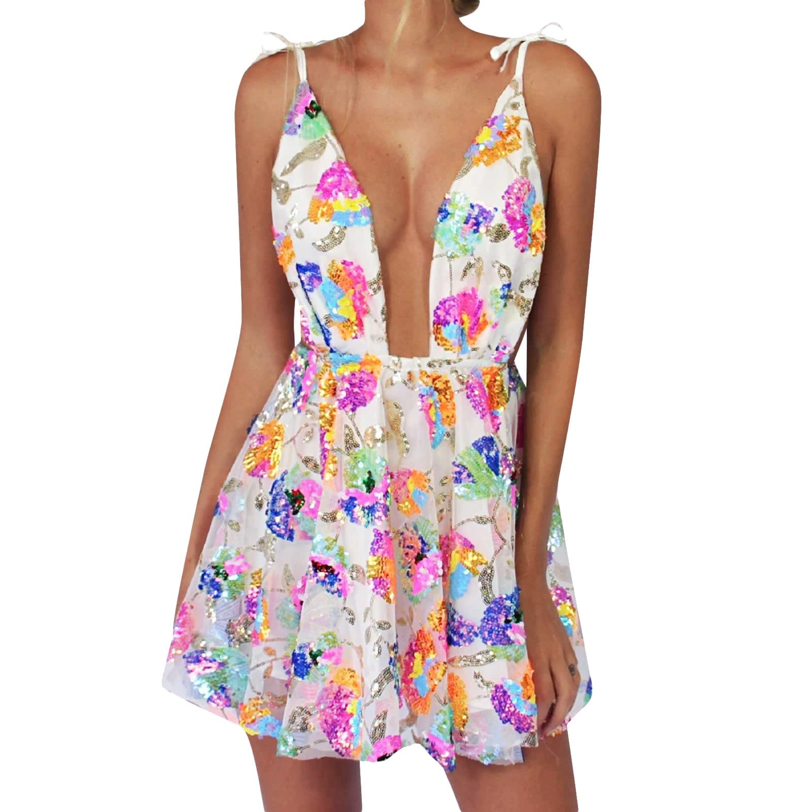 Sequin Dress for Women Sparkly Glitter Sexy Spaghetti Strap Summer Backless Deep V Low Cut Floral Mini Dresses for Party Cocktail Clubwear Homecoming