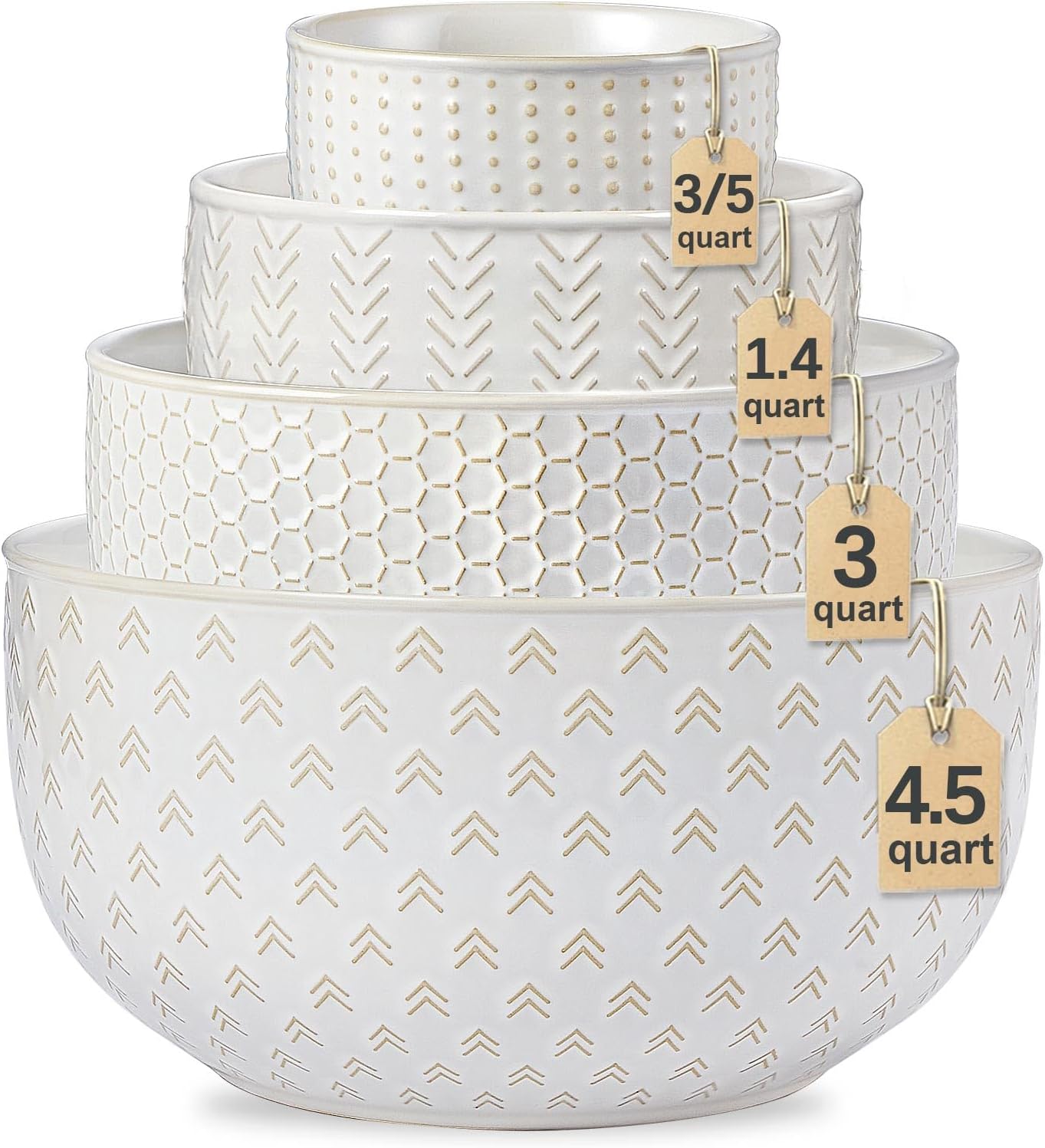 Lareina Ceramic Large Mixing Bowls Set of 4, Nesting Bowls for Cooking, Baking, Salad Etc, Serving Bowls Gift, Kitchen Stoneware, Oven, Microwave and Dishwasher Safe - 20/44/98/145 OZ, Ivory White