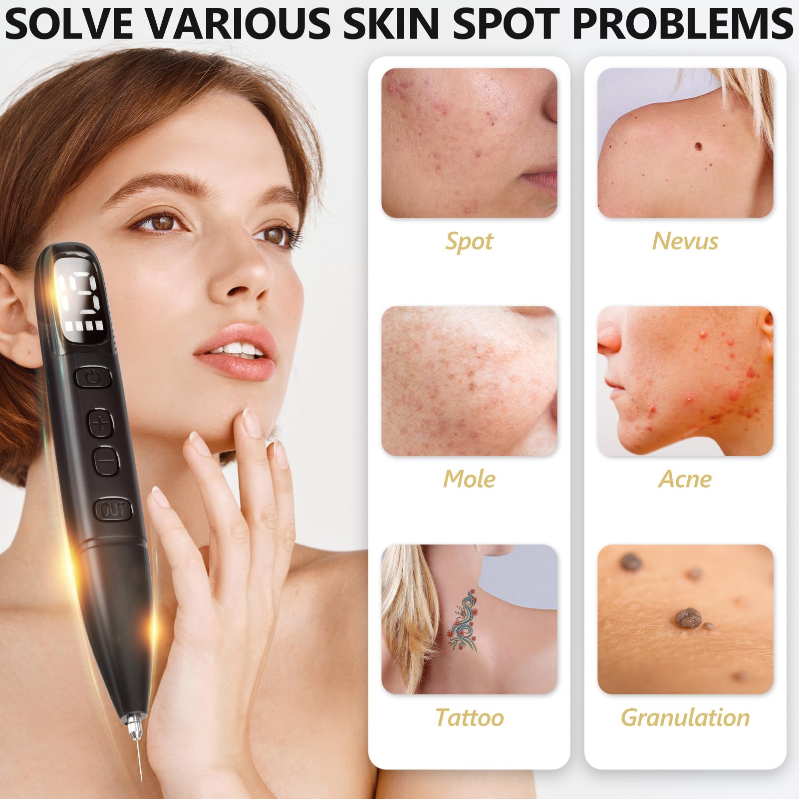 Sicura e Penna al Plasma, Rimuove Voglie Verruche Skin Tag Remover con 19 Livelli Regolabili e Luce LED, Strumento Dermatologico Ricaricabile Portatile per Nei, Verruche, Lentiggini, Macchie Scure