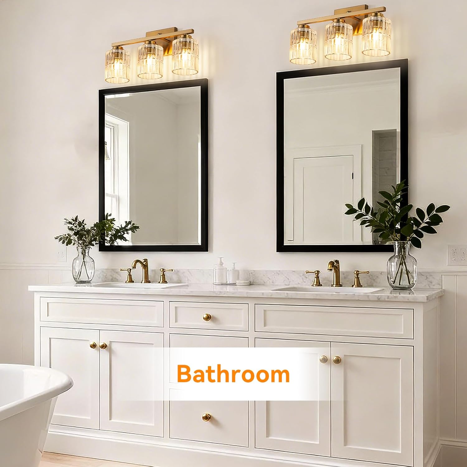 TALOYA 19 Inch Bathroom Light Fixtures,Modern 3-Light Brushed Gold Vanity Lights with Wide Vertical Ribbed Thickened Glass Shade Wall Sconces for Mirror Makeup Room Hallway（Bulbs Not Included）