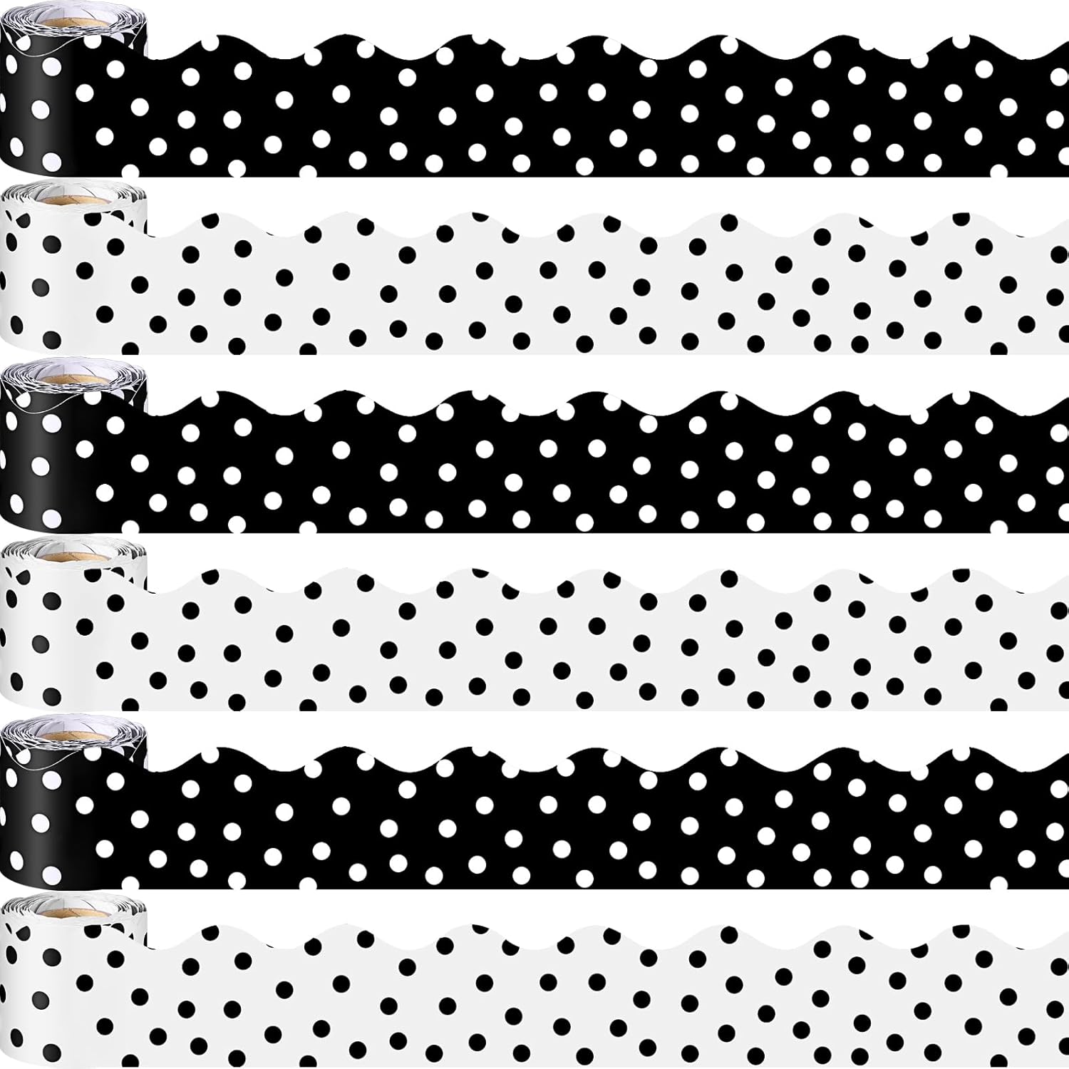 TaoBary 6 Rolls 196.8 ft Colorful Polka Dot Bulletin Board Borders Multicolor Scalloped Border Trim Painted Dots Classroom Bulletin Border Decoration for Back to School Party Decor(Black and White)
