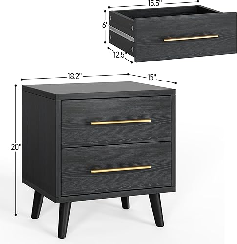 Miniatura 2 de Aiho Mesita de noche, mesita de noche con asas de metal, moderna mesita de noche de madera con 2 cajones para dormitorio, color negro