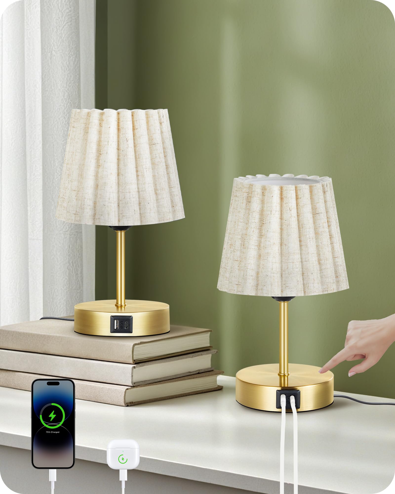 GOEBELSON Bedside Lamps Set of 2, Gold Bedside Lamp with USB A+C Charging Ports & 2 E27 LED Bulbs, 10-100% Stepless Dimming Touch Table Lamp for Bedroom, Living Room ZDE16TLKP205