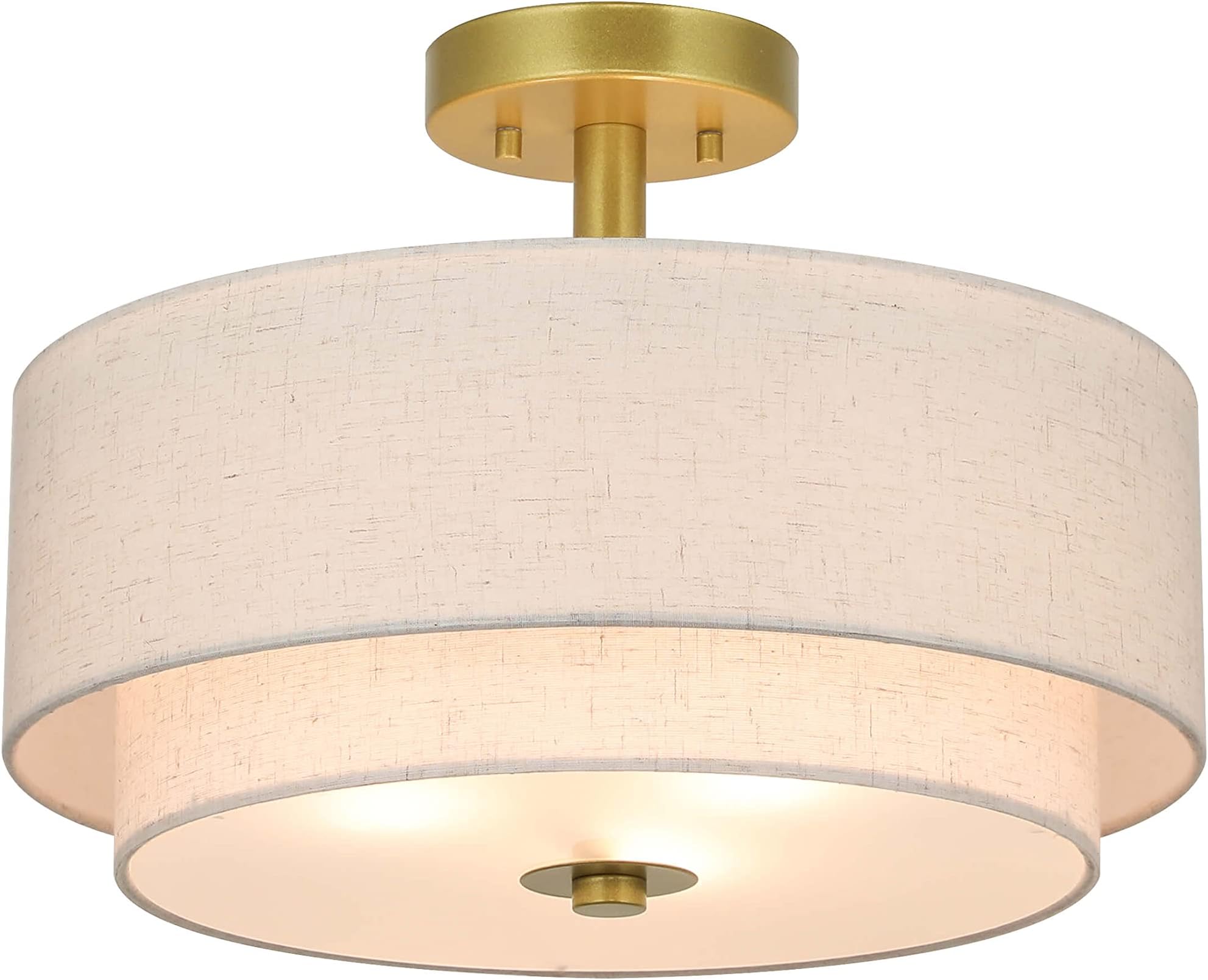 XiNBEi Lighting 3 Light Semi Flush Mount Light, Close to Ceiling Light Fixture with Fabric Shade Retro Gold Brass 16 inch Semi Flush Drum Light for Bedroom & Living Room XB-SF1289-GB