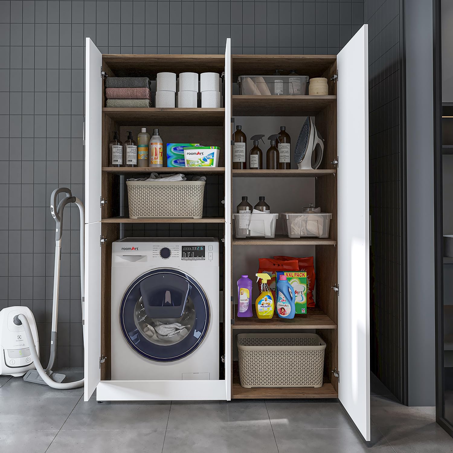 ROOMART Armoire de machine à laver Dora-II - Tour de lavage de 130 cm de large pour machine à laver et sèche-linge (chêne blanc, sans armoire de rangement : 187 x 130 x 73,8 cm)