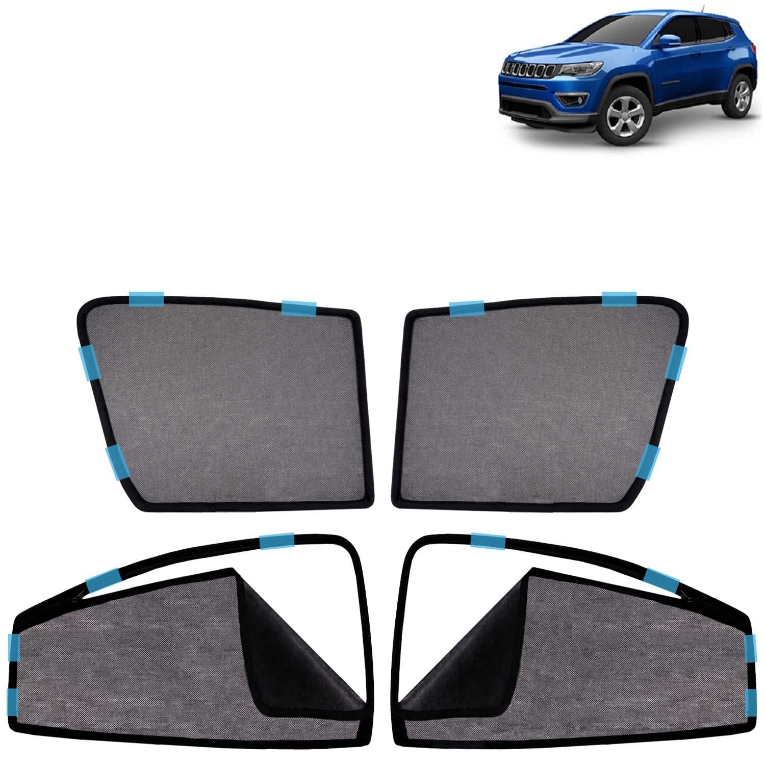 KINGSWAY Car Sun Shade Curtains Only Compatible with Jeep Compass (2017 to 2020) | Front Window in Half Cut and Rear in