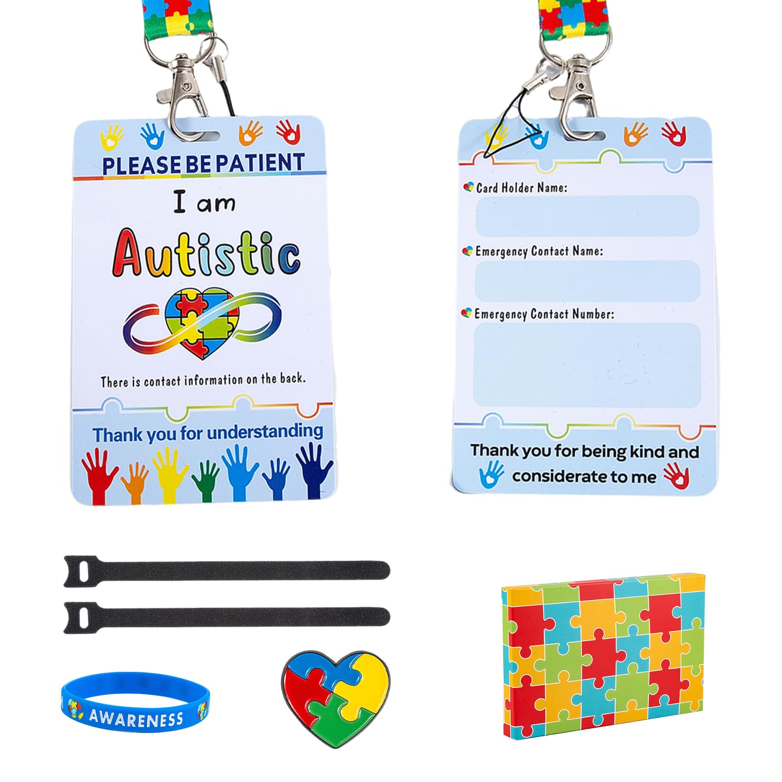 9pcs Autism Safety Products,Include 2pcs Autism ID Badge Holder 2pc Autism Lanyard 2pcs Loop Fastener Strips 1pack Autism Awareness Bracelet 1pack Autism Awareness Pin and 1pcs Storage Box