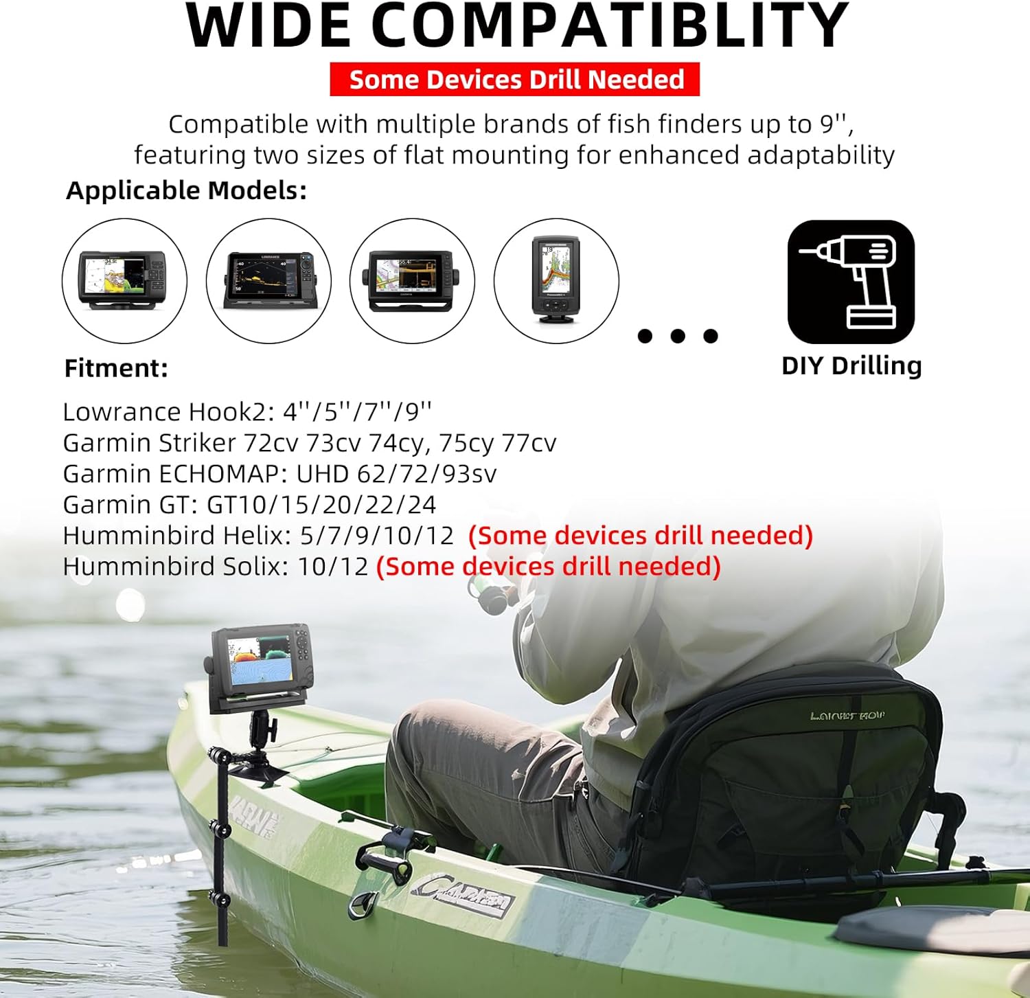 HITORHIKE Universal Fish Finder Mount for Kayak-with Transducer Arm Options,Ball Base,Dual Plates, Fits 9" Electronics,Compatible with Garmin/Lowrance/Humminbird(Rib Mount Pro Set with Arms)