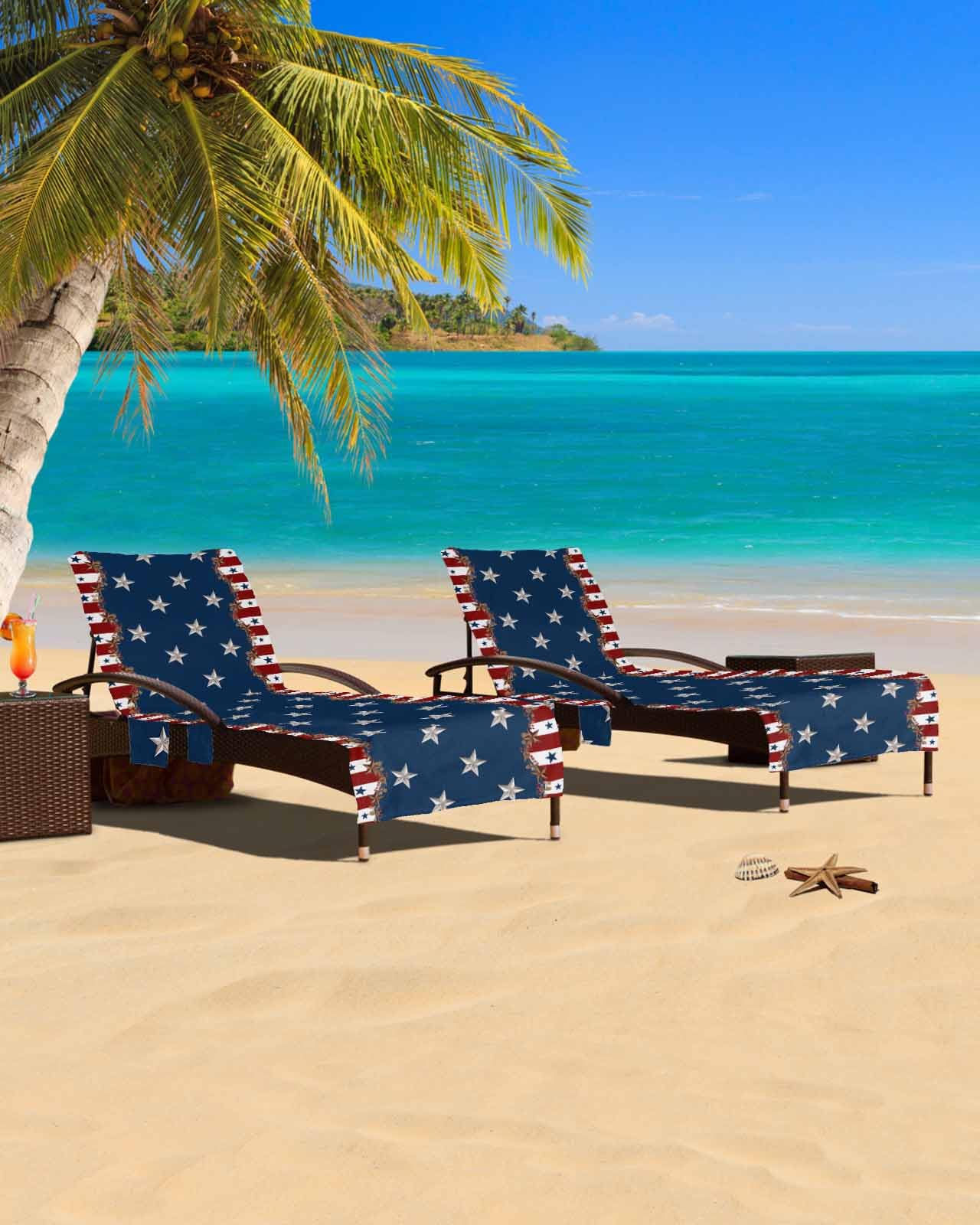 American Star Flag Beach Chair Cover with Side Pockets, Microfiber & Quick Dry Pool Chaise Lounge Chair Towels Covers for Sun Sunbathing Patio Garden Hotel, Country Rusty Berry Red Blue White