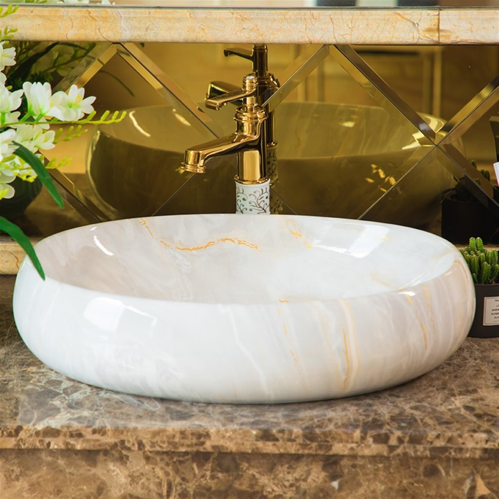 Lavabo De Encimera De Cerámica Ovalada con Accesorios Lavabo De Cerámica Pequeño para Baño Lavabo De Encimera De Cerámica con Textura De Imitación De Mármol