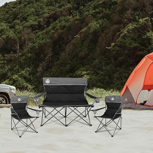 Miniatura 6 de Northroad Juego de 3 sillas de campamento al aire libre, silla de campamento acolchada plegable con 1 sofá, 2 sillas individuales, juego de