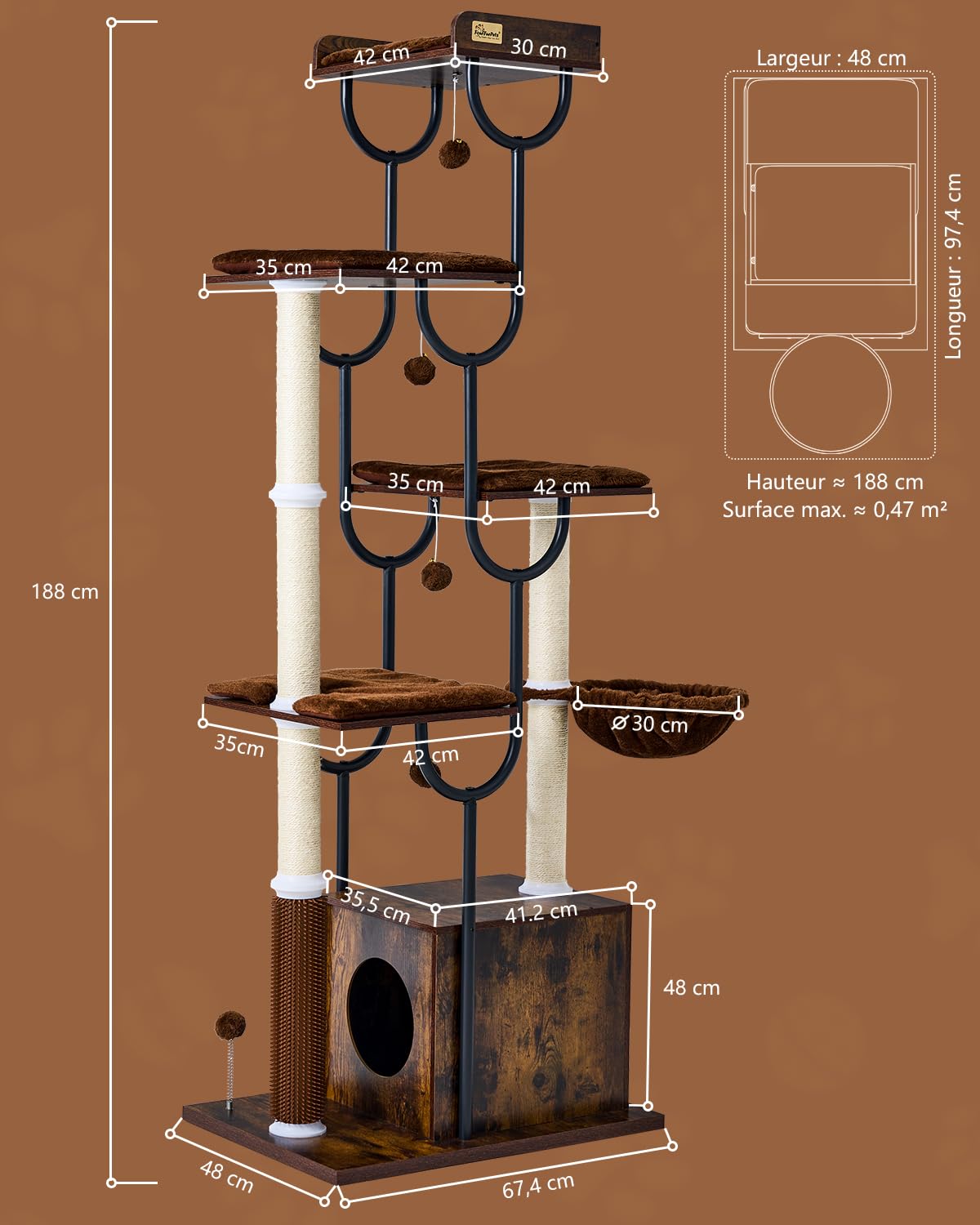 FourFurPets Arbre à Chat Bois 188 cm, Arbre à Chat avec Griffoir et 5 Poteaux Griffoir Chat, Tour Moderne avec Condo, Panier et Peigne de Massage pour Grands Chats, Stable et Design (Marron Rustique)