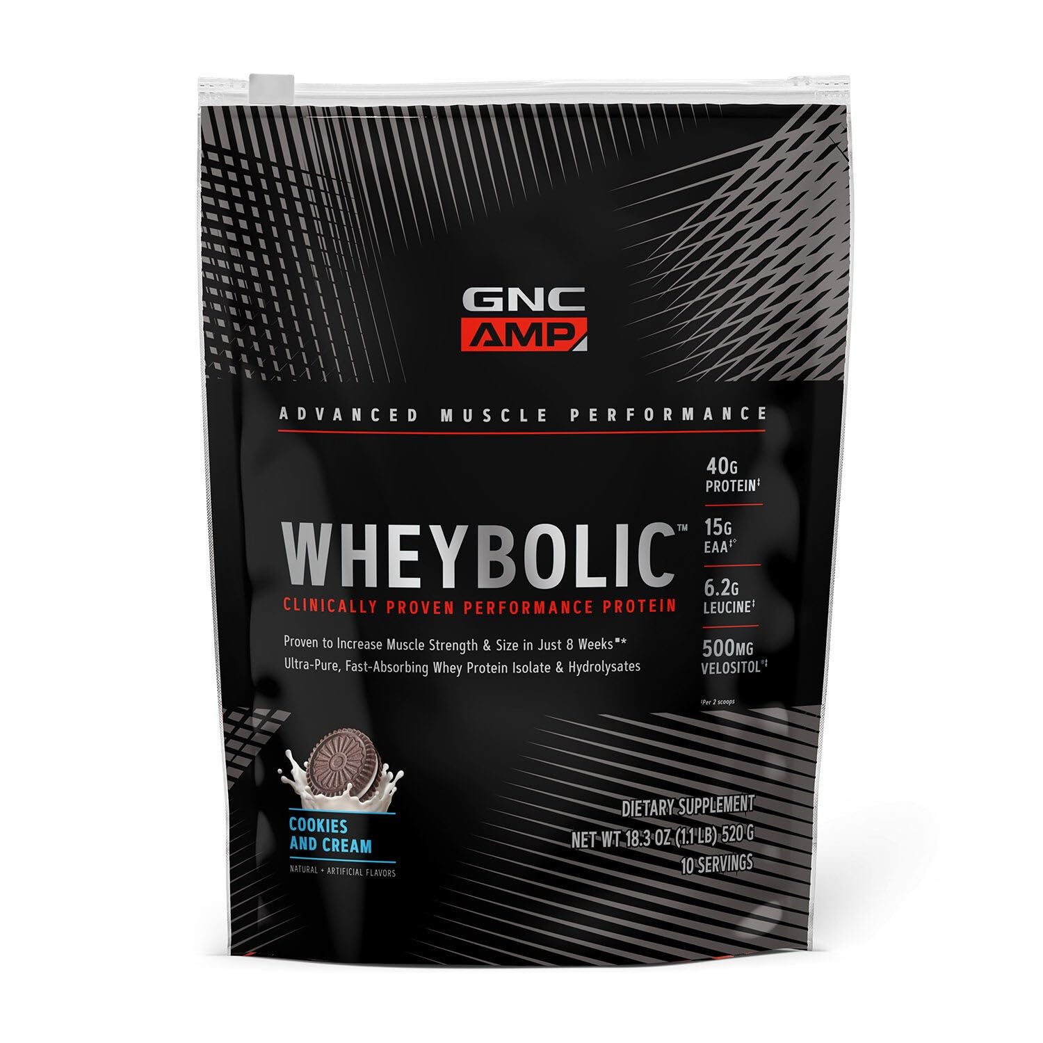 GNC AMP Wheybolic Clinically Proven Protein Powder, 40g Whey Protein, BCAA, Leucine, Increases Muscle Strength, Muscle Building, 3rd Party Tested, Gluten Free. Cookies and Cream, 10 Servings