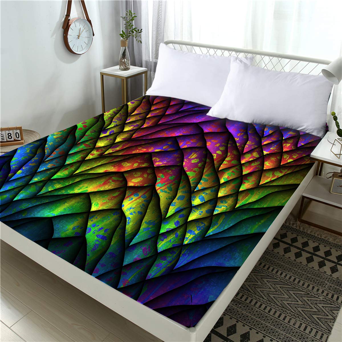 BlessLiving Dragon Scales Fitted Sheet for Kids Teens Boys and Unisex, Soft Decorative Fabric Bedding All-Round Elastic Pocket, King Size, Rainbow