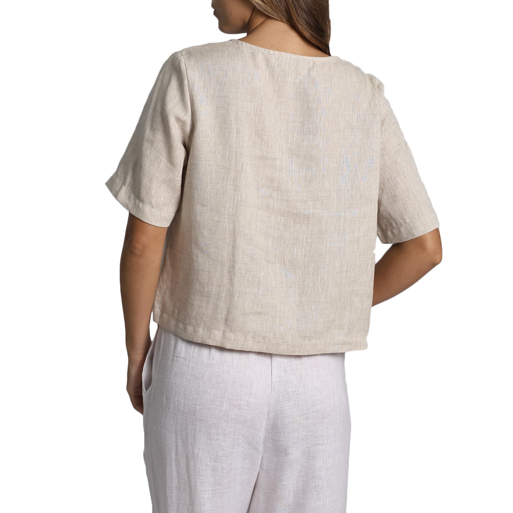 Amazhiyu Camicetta da donna in 100% lino, girocollo, manica corta, abbottonatura