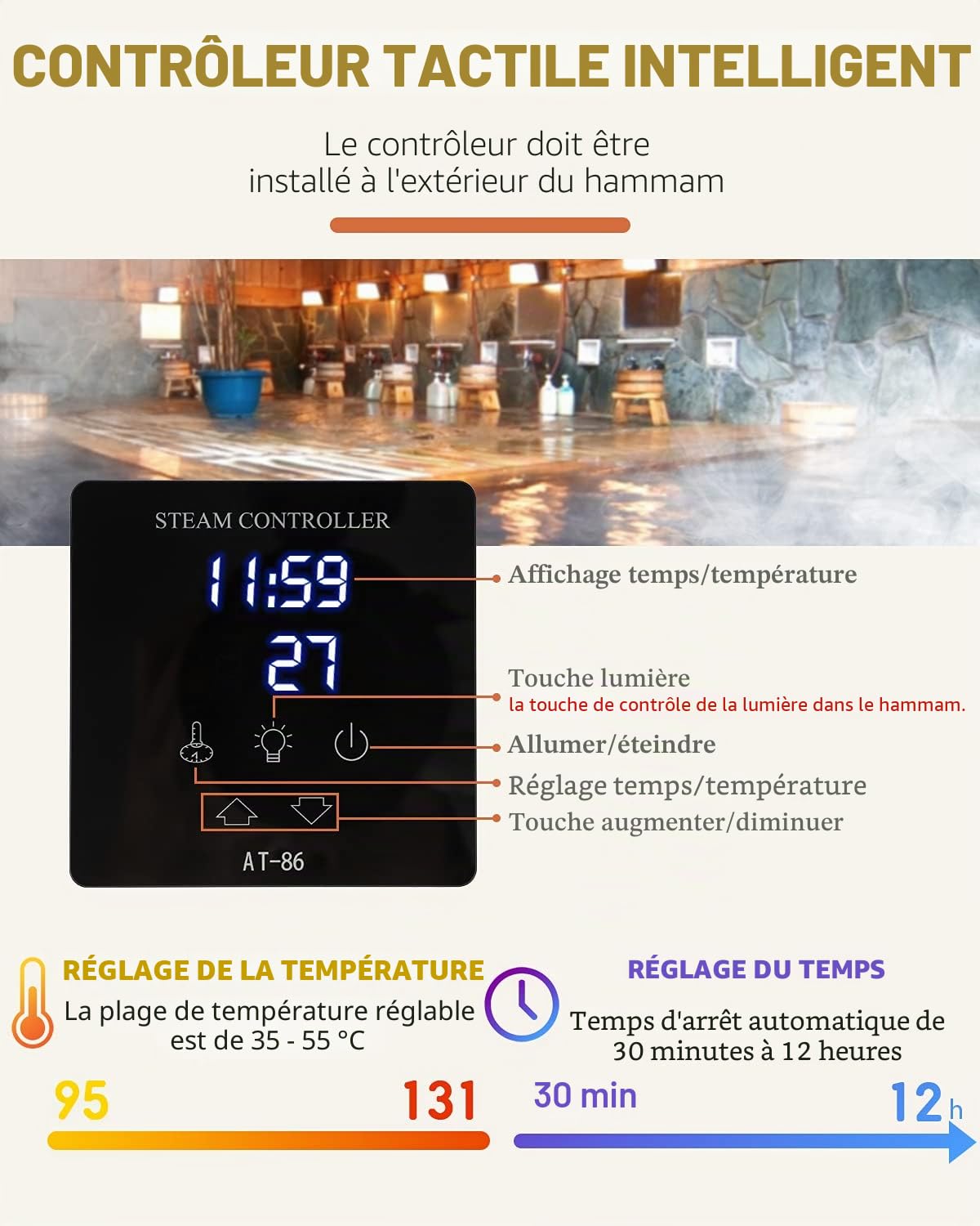 CGOLDENWALL 10.5KW Générateur de Vapeur 220V Automatique Drainage Commercial Maison pour Sauna/Douche/Bain/Spa, avec Contrôle Intelligent 25-55℃ pour 10.5m³(371ft³) Chauffage de l'espace