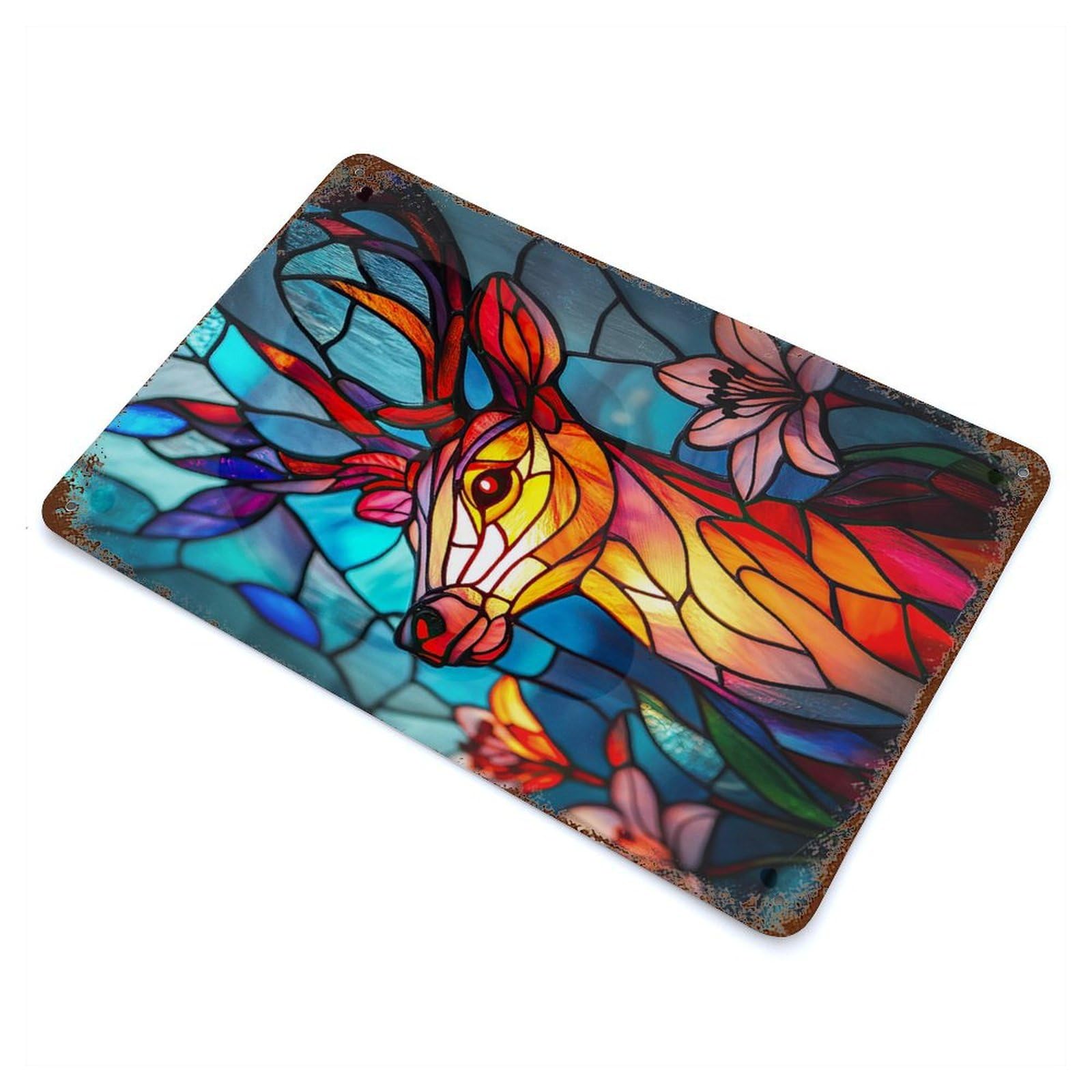 Aged Metal Wall Plaque with Stained Glass Deer Lamp Design 11.8"x7.9", for Cafe, Home Bar And Lounge Decor, Novelty Wall Decor