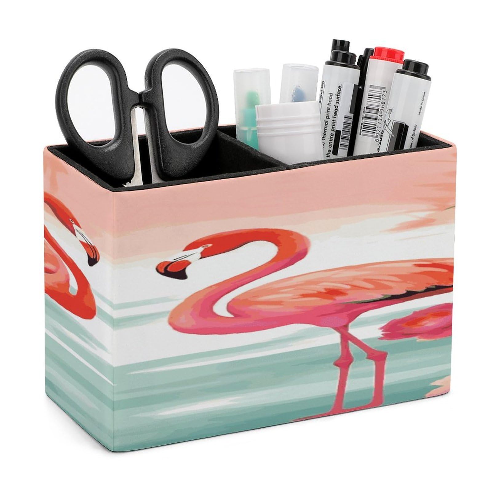 VstaDank Two Red Flamingos Pencil Holder for Desk(Double Slots) Fashion Leather Pencil Cup Simple Rectangular Shape Pen Holder Multi-Functional Pen Cup for Home Office Supplies Storage