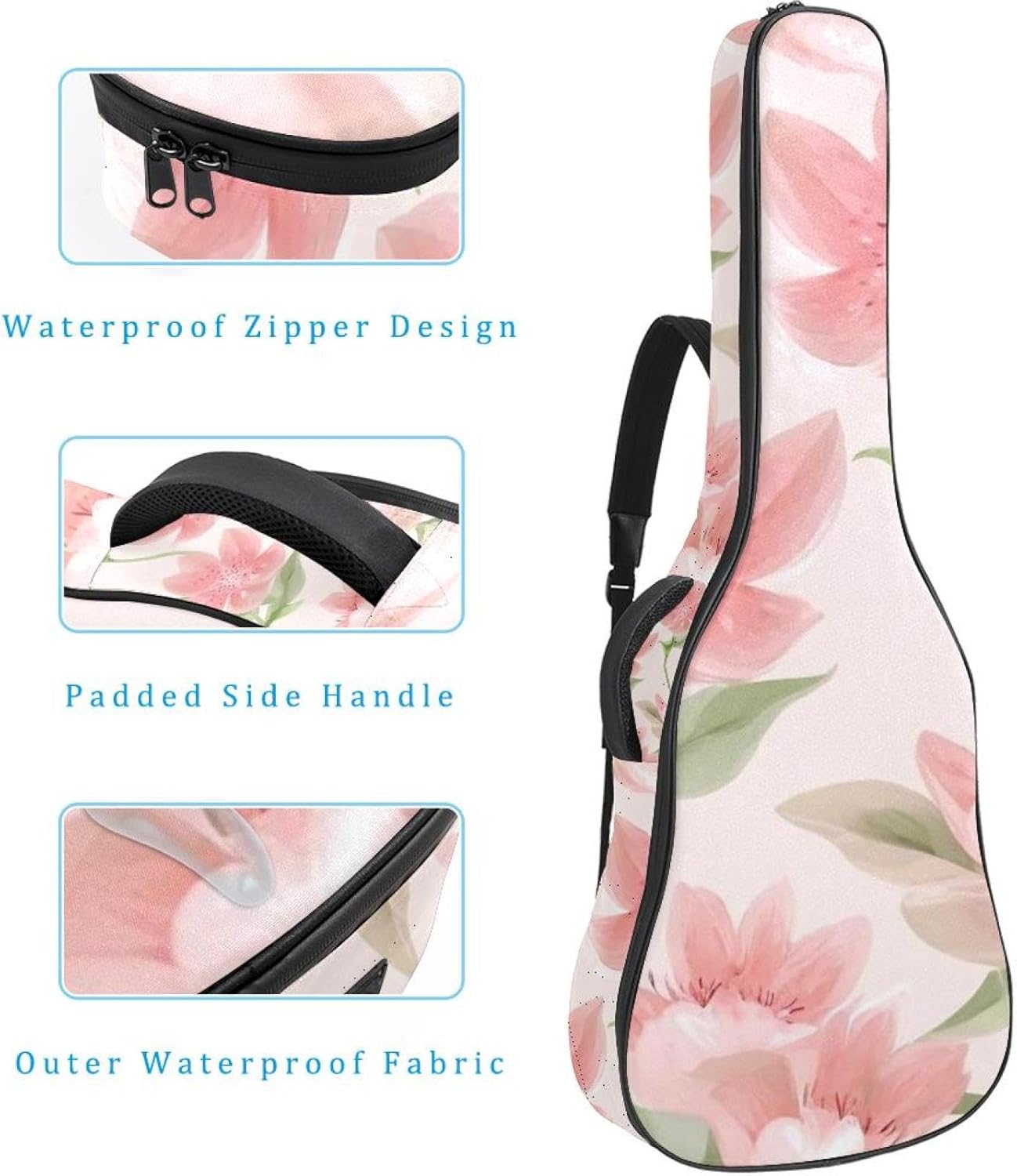 Pink Aesthetic Cherry Blossoms Guitar Bag 40 41 42 In 2 Pockets Guitar Case Waterproof Guitar Case Resistent Oxford Cloth 0.4 In Extra Thick Sponge Padded for Acoustic Guitar