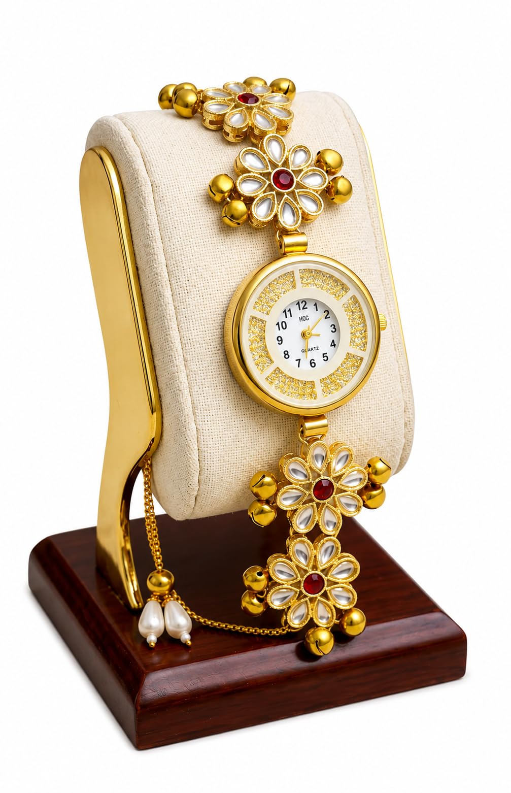 kashmiri kundan wristwatch for women, ethnic floral bracelet watch with meenakari work and pearl tassels