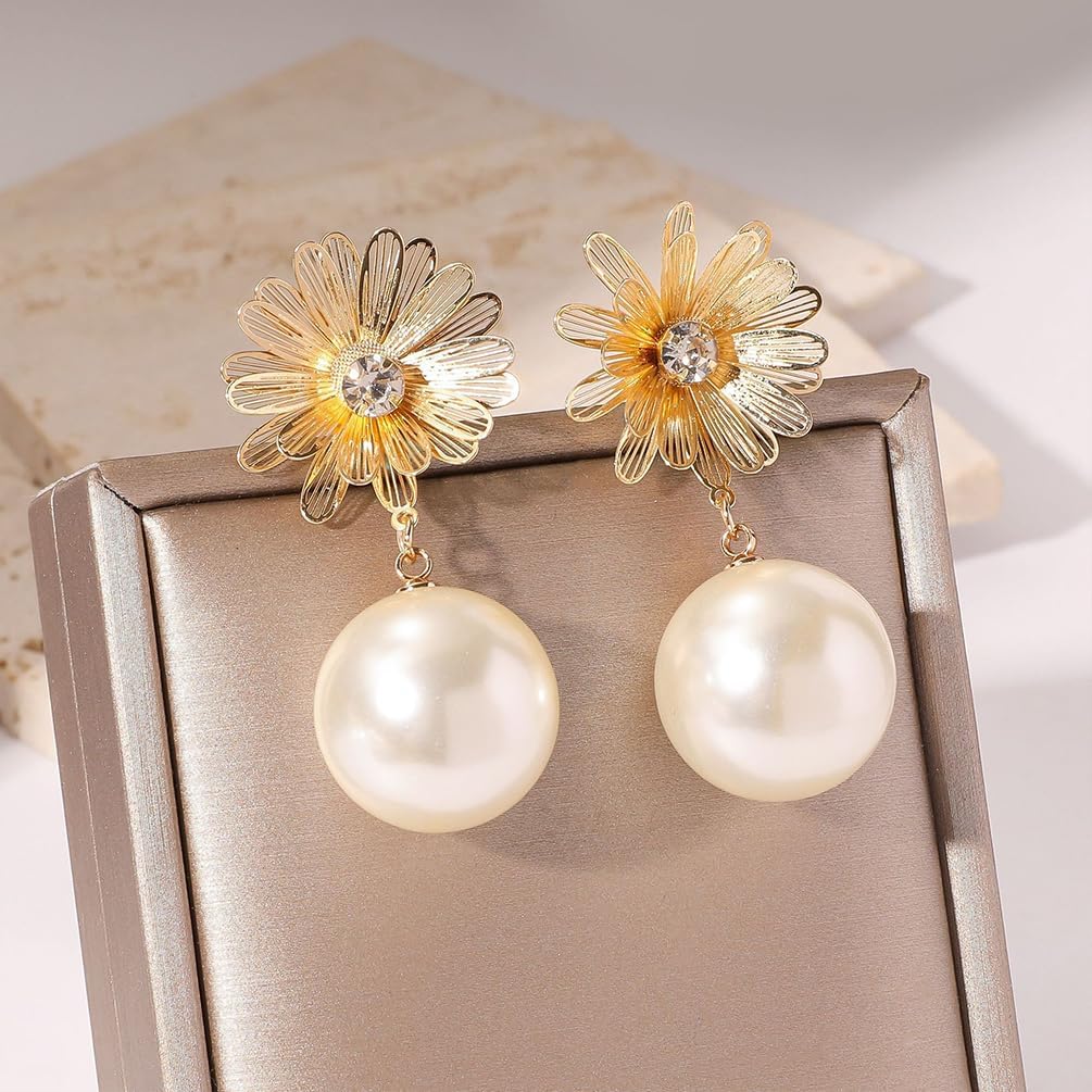 Delicate Gold Flower Pearl Drop Dangle Earrings for Women, Retro Yellow Floral Crystal Dangling Stud Earring Dainty Y2K Party Jewelry Accessories Gift - Image 4