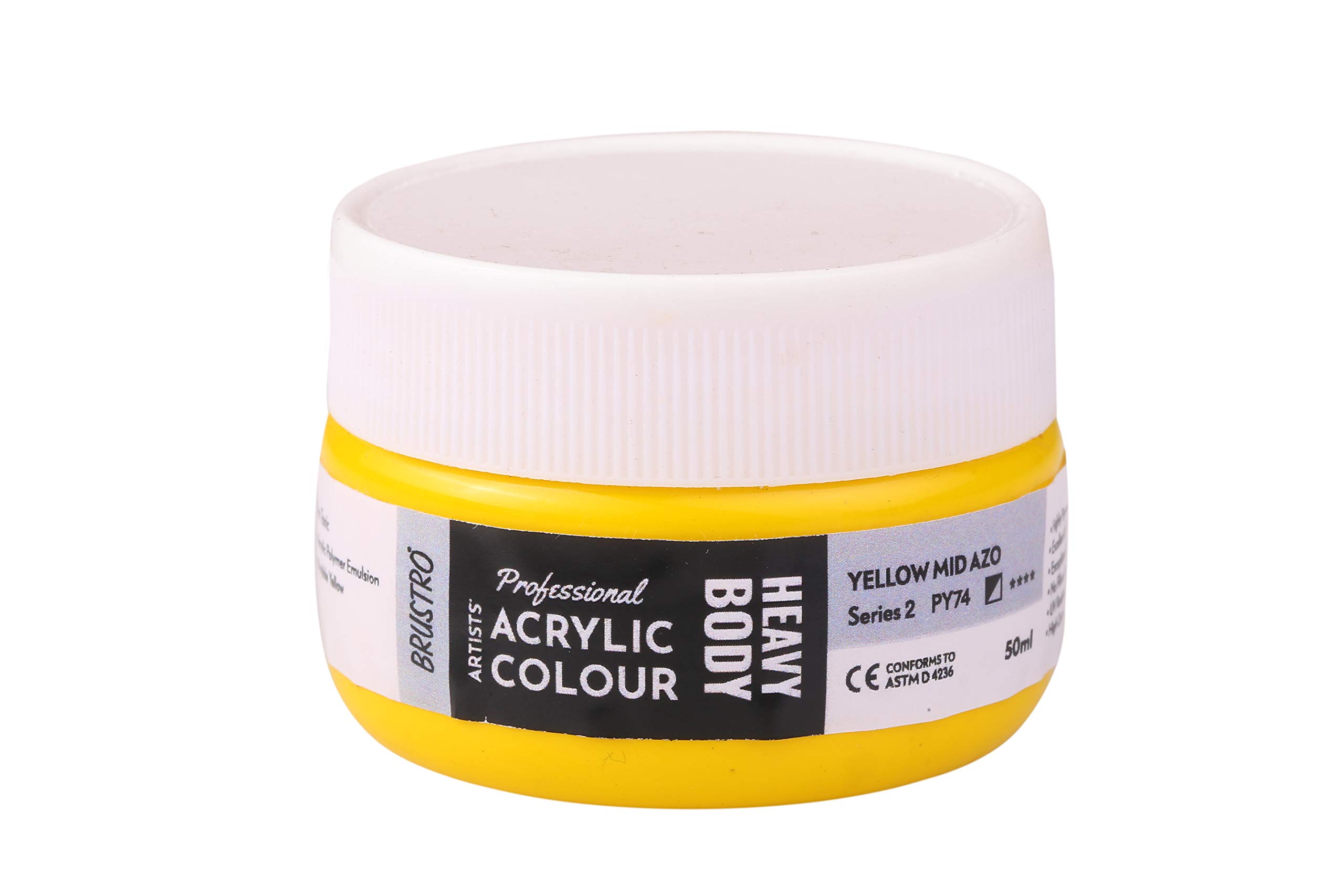 BRUSTRO Professional Artists Heavybody Acrylic Paint 50Ml Yellow Mid AZO (Sr 2)| Ideal for Canvas,Impasto and Textured Painting Techniques, Dimensional Effects, Retain Brushstrokes.