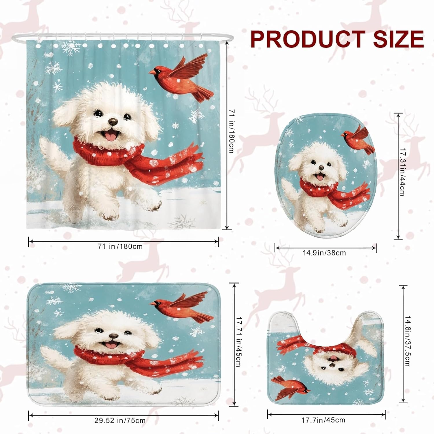 4PCS Winter Christmas Bichon Frise Dog Bathroom Accessory Sets with Non-Slip Rug, U Shape and Toilet Lid Cover Mat, Cute Kid Xmas Puppy Bathroom Decorative-72''x72''