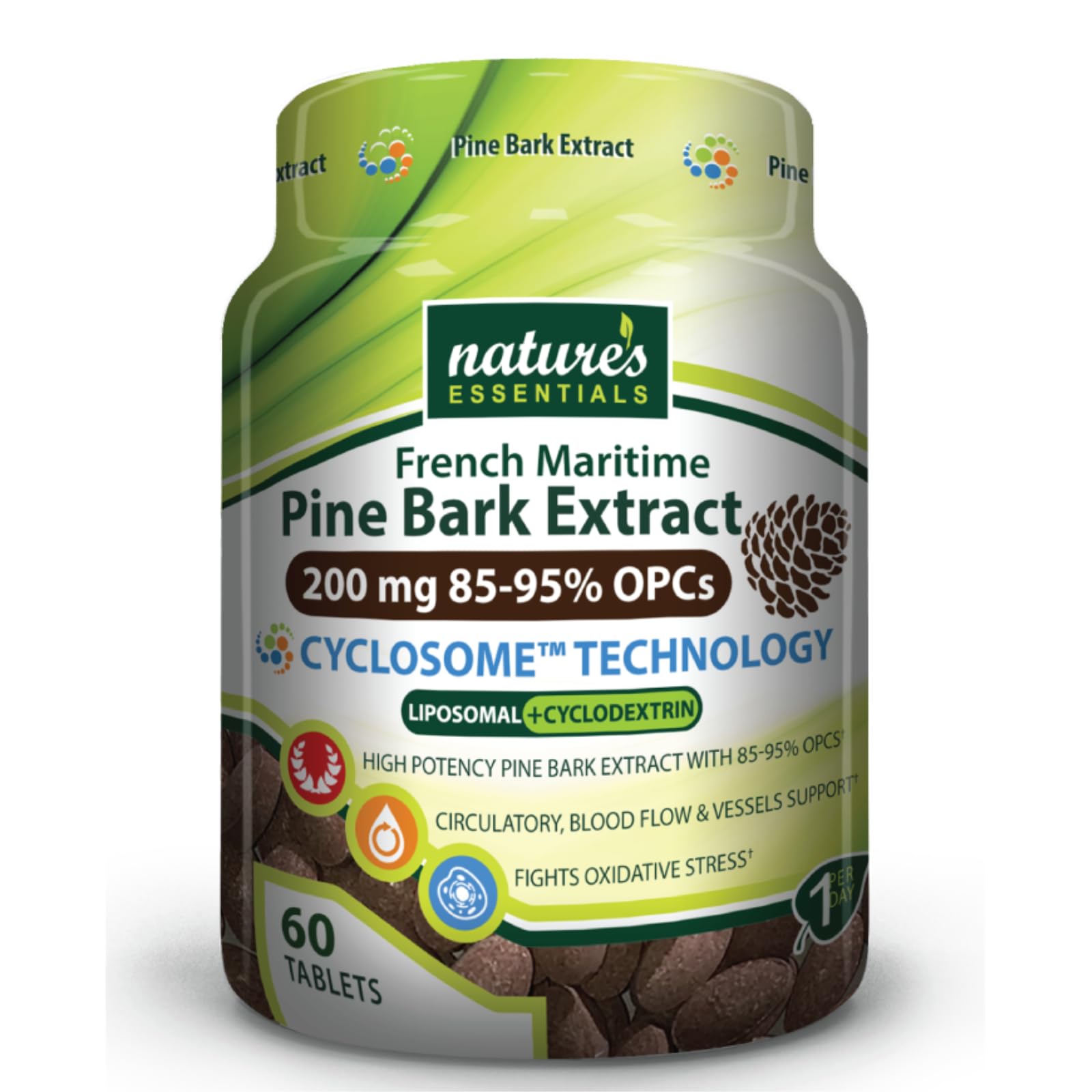 NATURE'S ESSENTIALS Pine Bark Extract 200mg | Clinically Studied Circulatory Support | Advanced Cyclosome Liposomal Delivery | Non-GMO, Gluten Free, Vegetarian | 60 Tablets