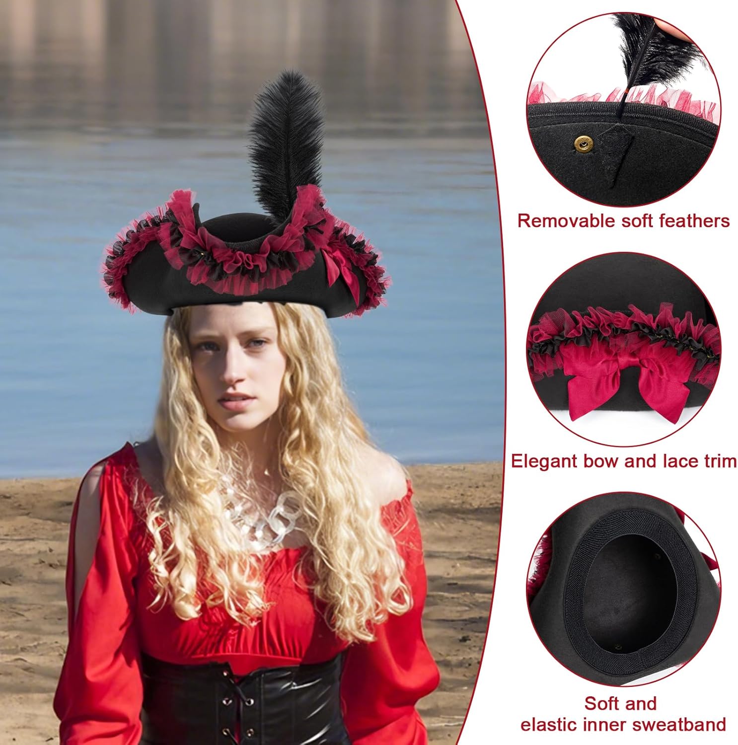 quescu Pirate Hat Women,Tricorn Hat with Feather for Adults,Pirate Costume Accessories,Renaissance Costume Hat for Halloween