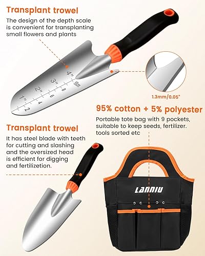 Miniatura 4 de Juego de herramientas de jardín de 9 piezas de acero inoxidable resistente, con agarre de goma antideslizante, bolsillo de almacenamiento, kit de