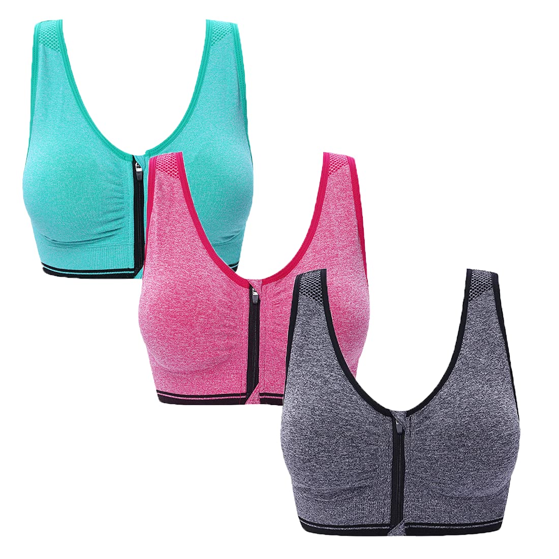 Daysskk Sports Bra with Front Zip Sports Bra with Removable Pads No-Shackle Chest Holder for Fitness Yoga M-4XL - 3XL - 3 Pack Colours 3