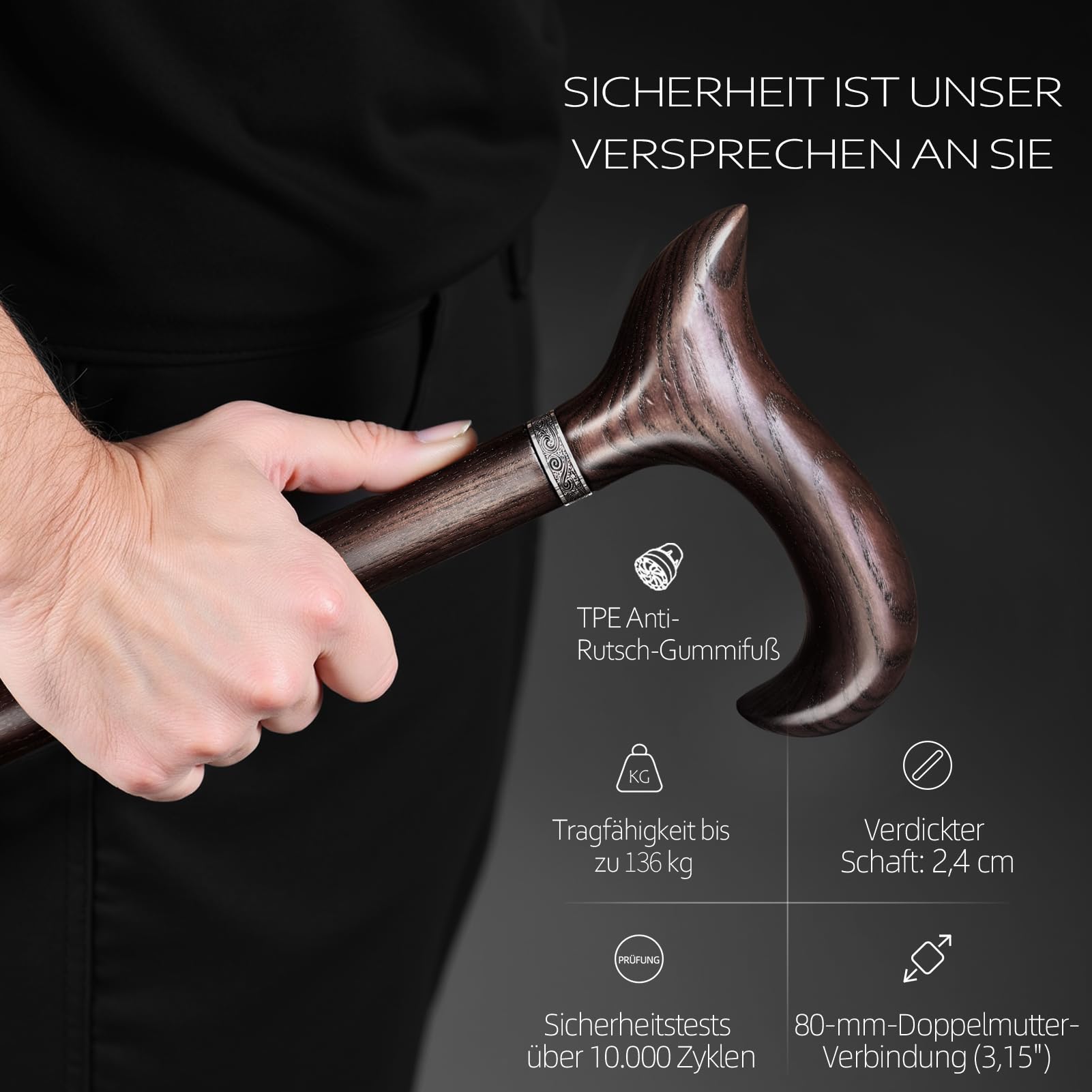 Handgefertigter Gehstock Holz Damen und Herren, mit 226 kg Belastbarkeit Gehstöcke Für Senioren,Ergonomische Derby-High-End-Gehstöcke aus Natürlichem Massivholz,Geeignet Für Geschenke