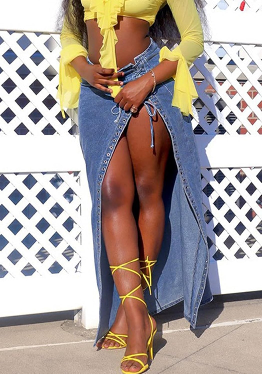 Women's High Split Long Denim Skirt Sexy Tie Knot High Waisted Stretchy Trendy Irregular Jean Skirts Streetwear - Image 5