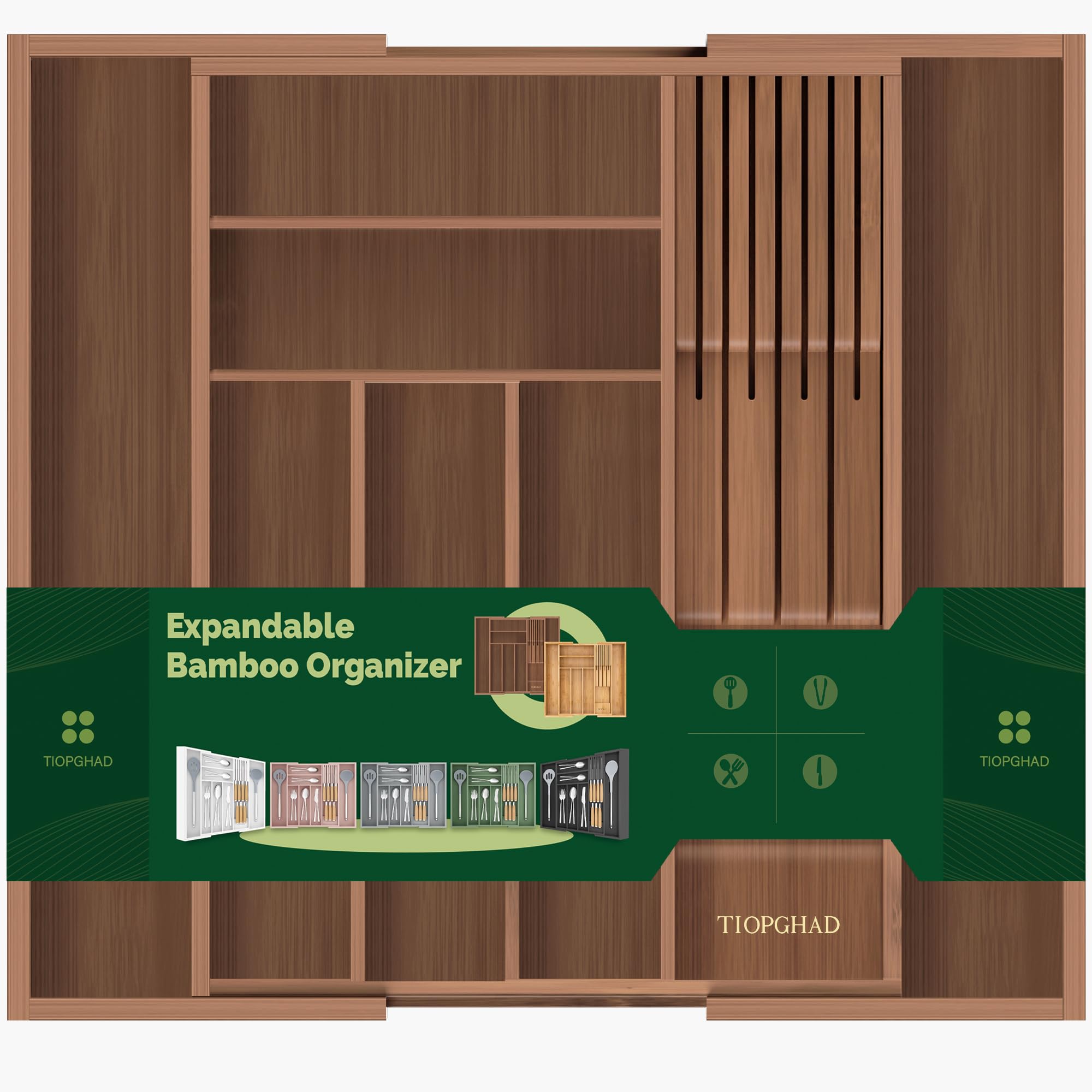 Photo 1 of TIOPGHAD Expandable Bamboo Silverware Organizer with Knife Block, Brown