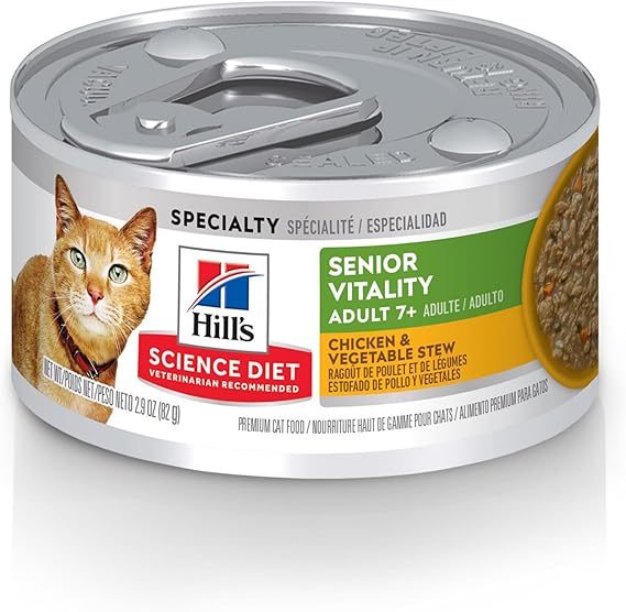 Hill's Science Diet Senior Vitality Adult 7+, Senior Premium Nutrition, Wet Cat Food, Chicken & Vegetable Stew, 2.9 oz. Cans, 24-Pack