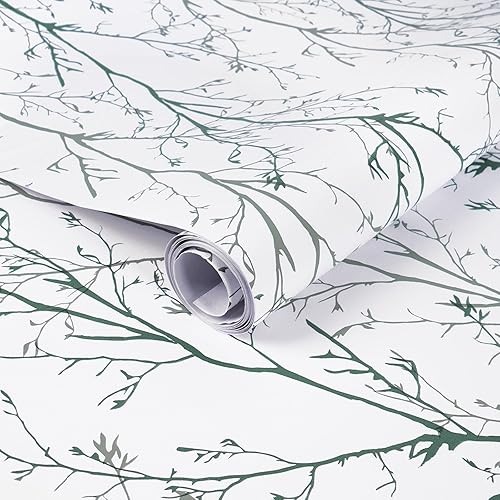 Miniatura 7 de Melwod Papel tapiz de ramas de árbol verde, 17.7 x 472 pulgadas, papel tapiz moderno de ramas de árbol, papel tapiz floral, autoadhesivo, extraíble,