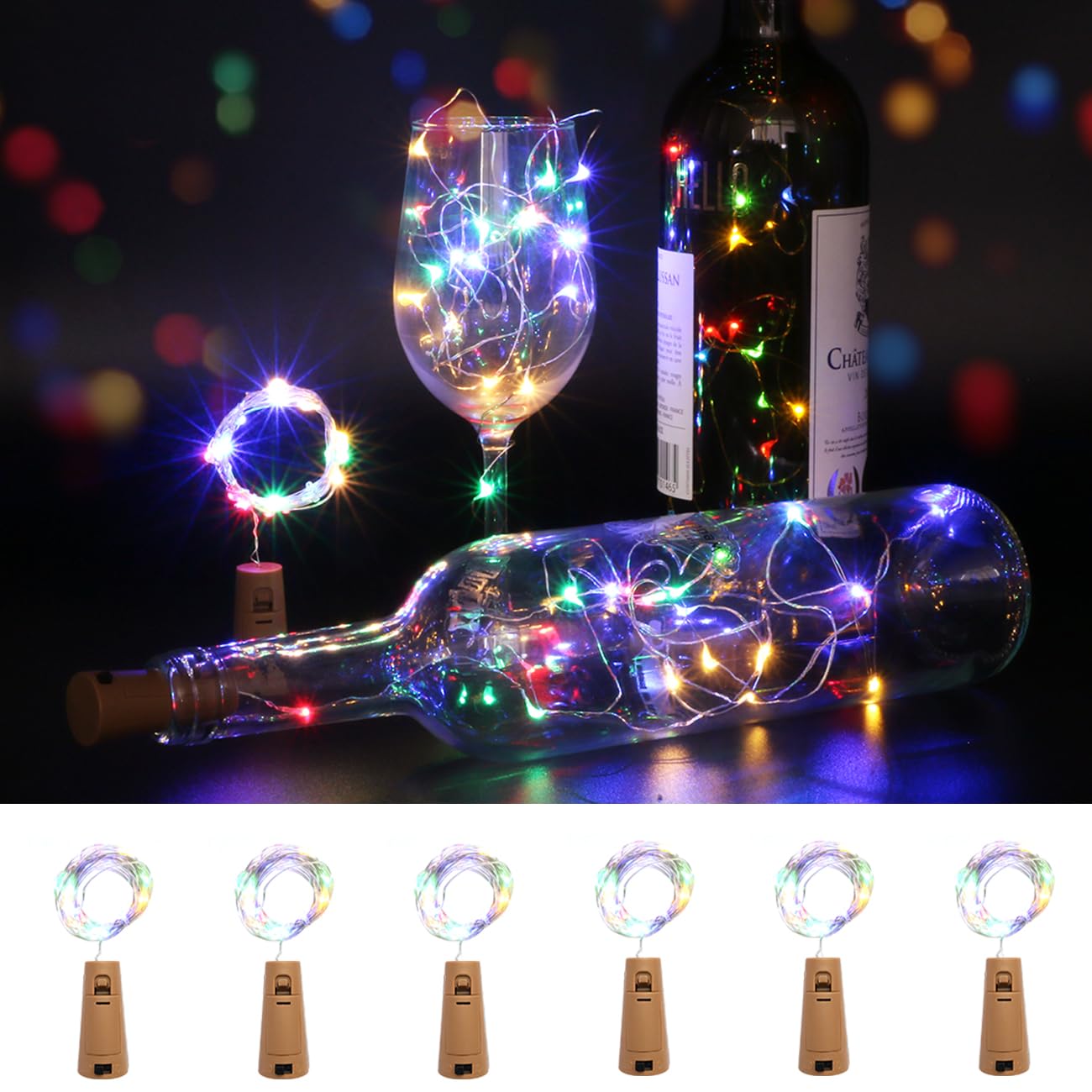 Kolpop Bottle Lights 6 Packs, 2m 20 LED Cork Light Battery Operated for Wine Bottles, Multi Coloured Fairy String Lighting Indoor for Jars Table Craft Christmas Party Decoration