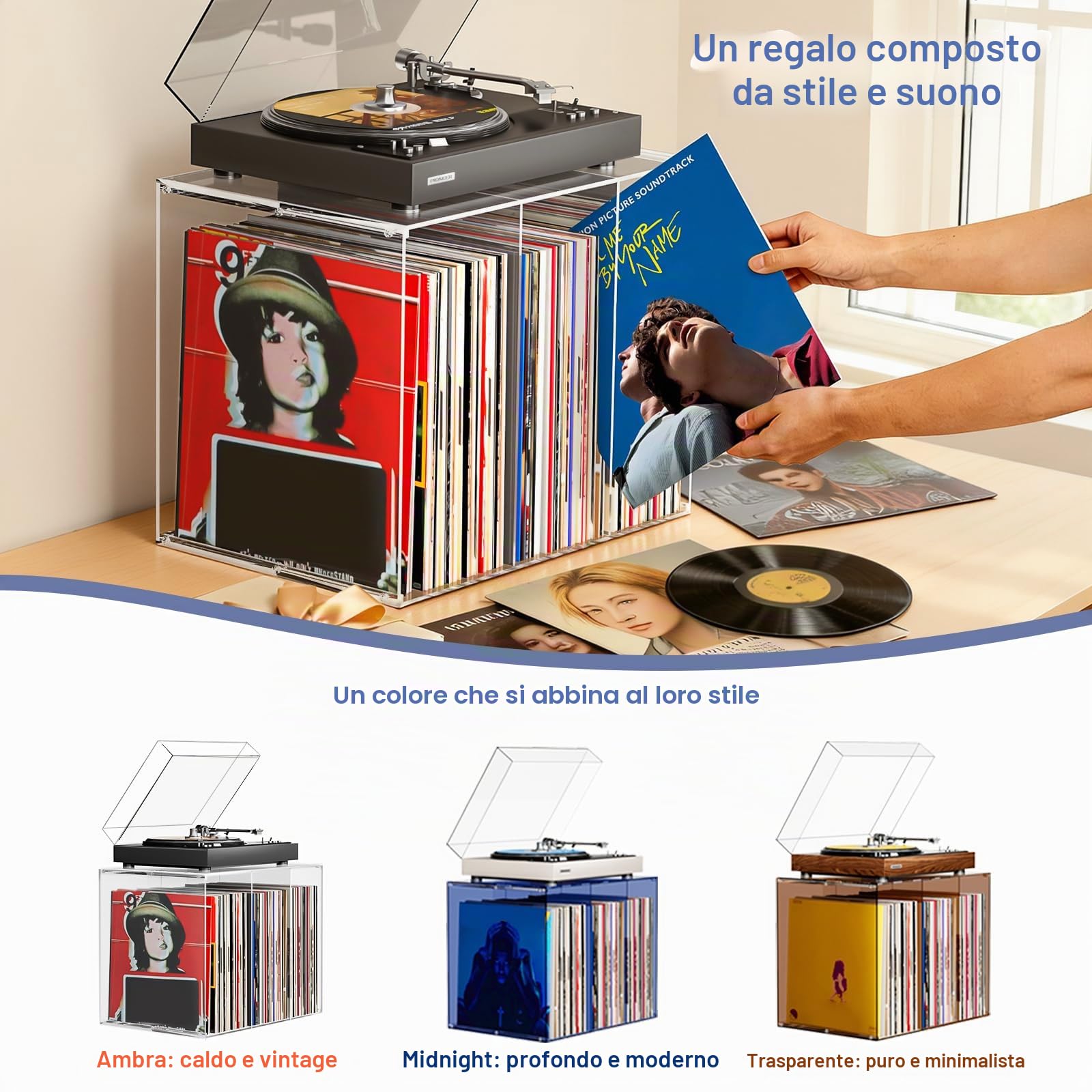 Bikoney Porta Dischi Vinile, Supporto in Acrilico Trasparente Impilabile, Contenitore per Oltre 50 Album, Espositore da Tavolo per LP da 12" e Singoli da 7", Cristallino