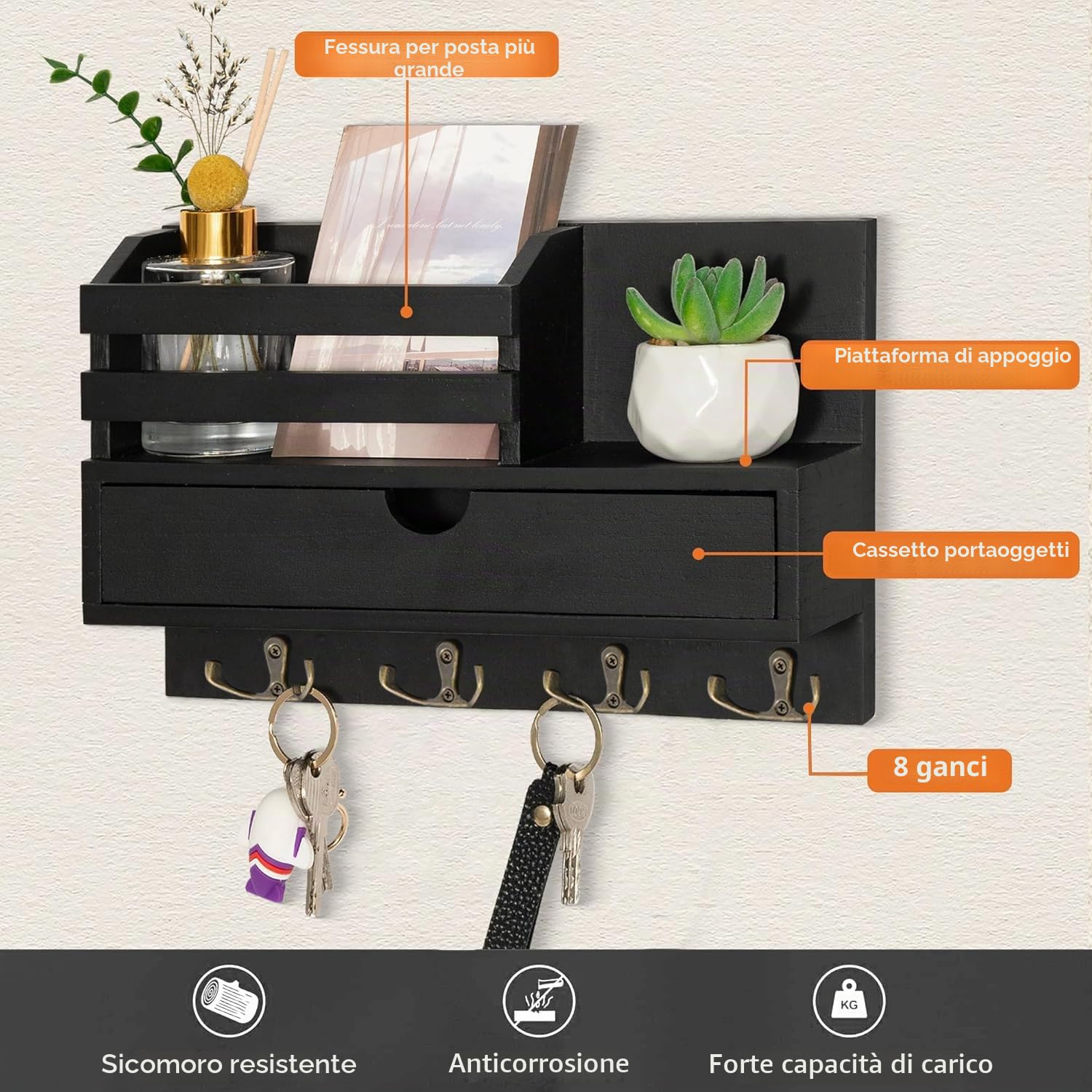 Portachiavi da Parete con Cassetto Portaoggetti, Portachiavi in Legno con 4 Doppio Ganci, Mensola da Parete per Portachiavi, Appendi Chiavi a Muro per Casa, Ingresso, Ufficio - Nero
