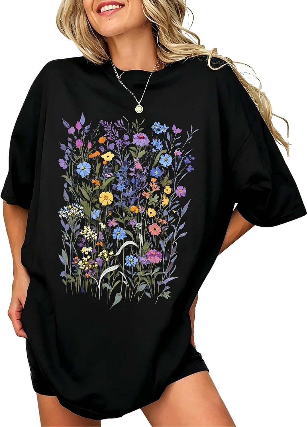 Womens Graphic Tees Vintage Floral Shirt Boho Wildflower Casual Tops