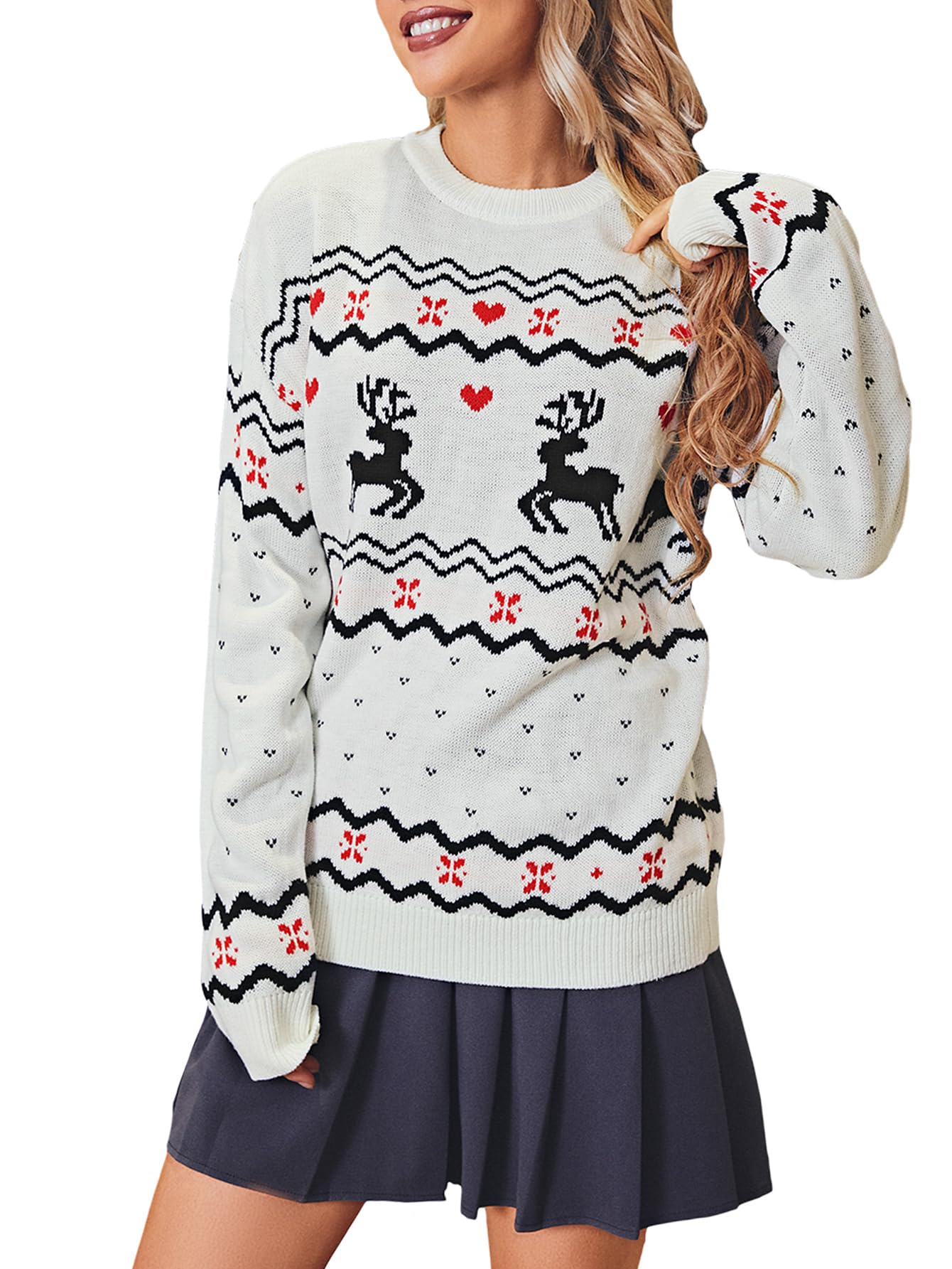 Miessial Womens Knitted Christmas Pattern Sweater Comfy Crewneck Long Sleeve Pullover Sweater