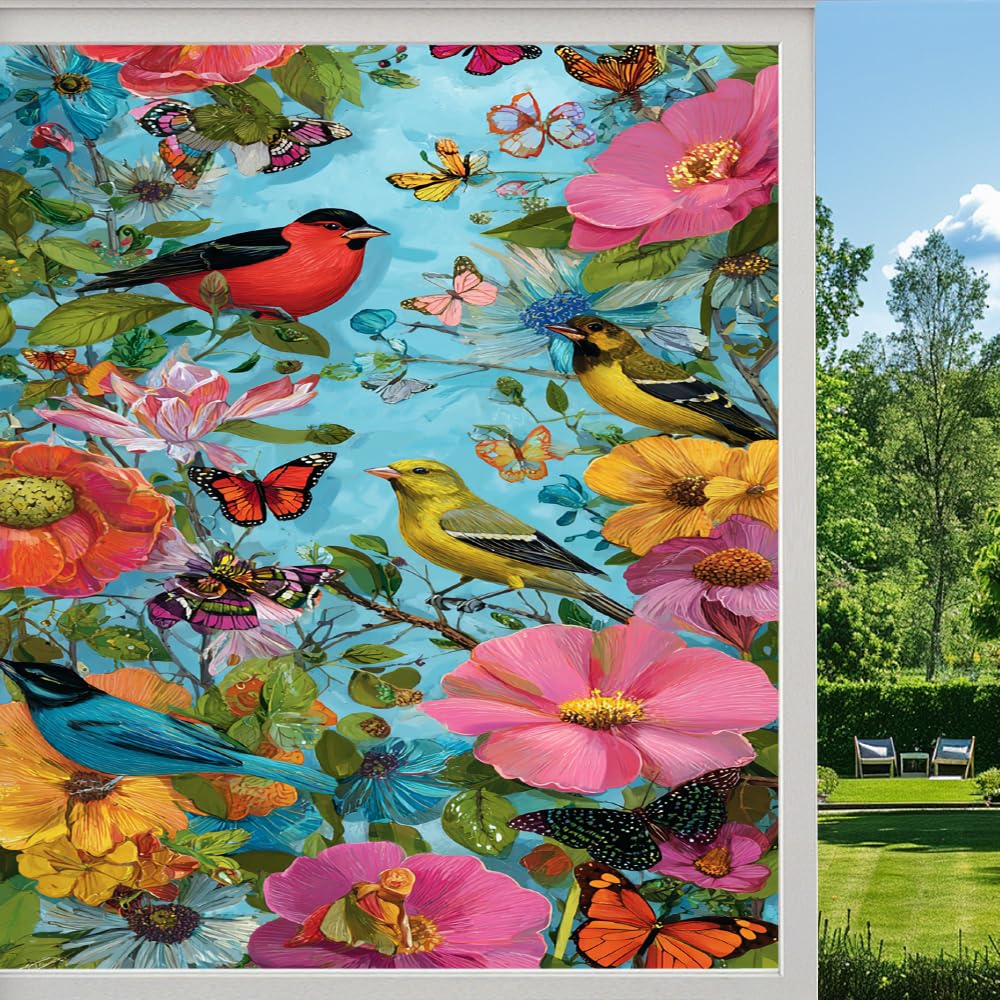 Natural Garden Stained Glass Window Film, Colorful Flower Birds Butterfly Peel and Stick Privacy Film, Frosted Adhesive Vinyl Decorative for Bathroom Windows Glass Doors, （55x100cm）