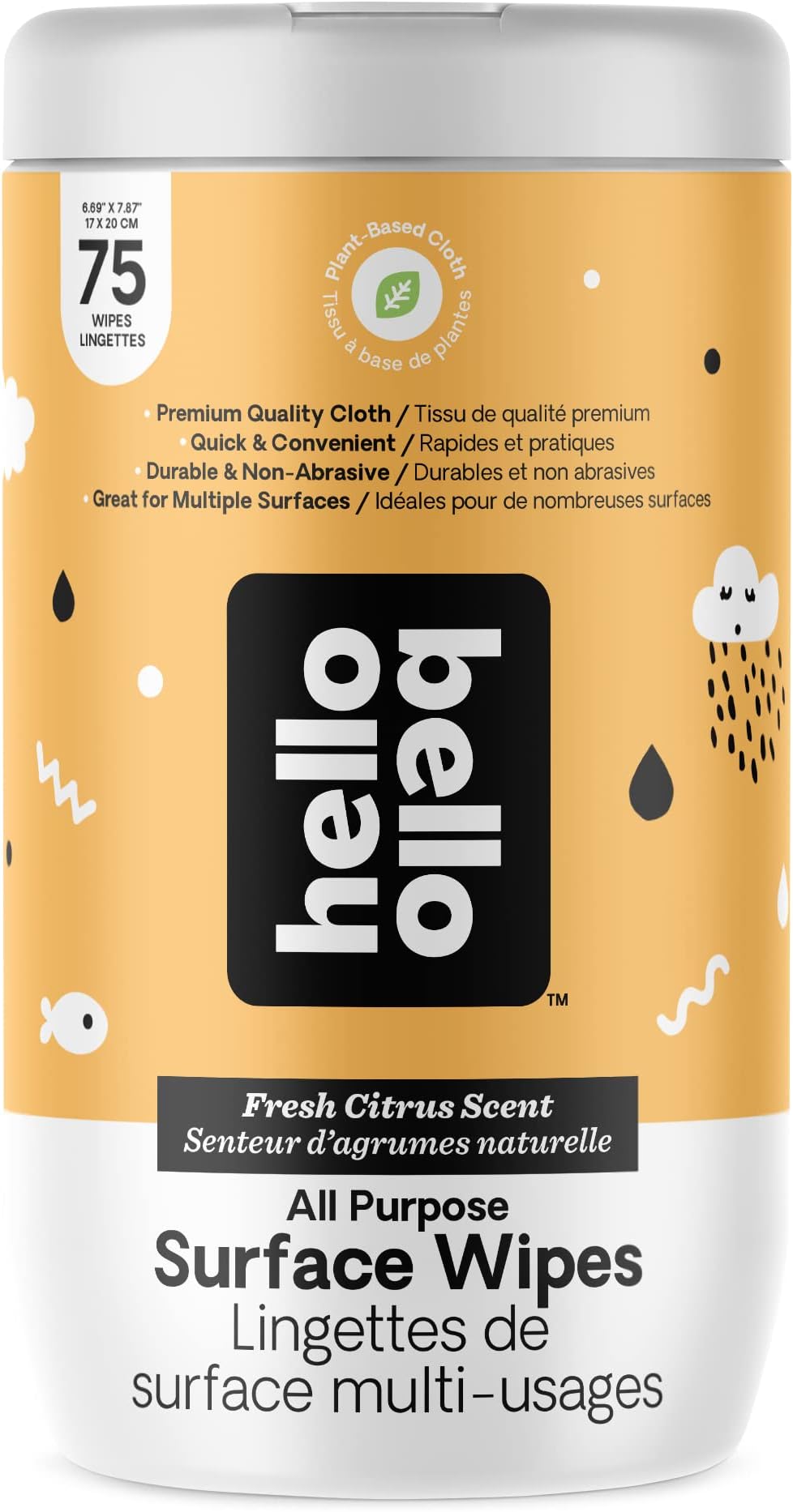 Hello Bello All Purpose Surface Wipes - Durable Plant Based Cloth - Vegan and Cruelty-Free - Fresh Citrus Scent - 75 Count