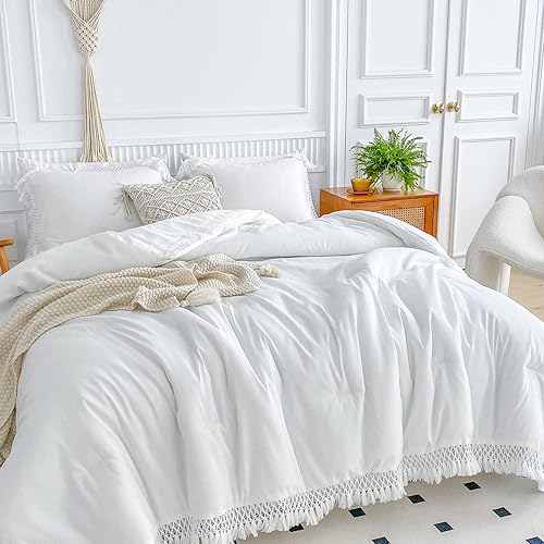 Miniatura 5 de Juego de edredón con borlas blancas, tamaño Queen de 90 x 90 pulgadas, 3 piezas con flecos rosados, juego de ropa de cama bohemio de microfibra