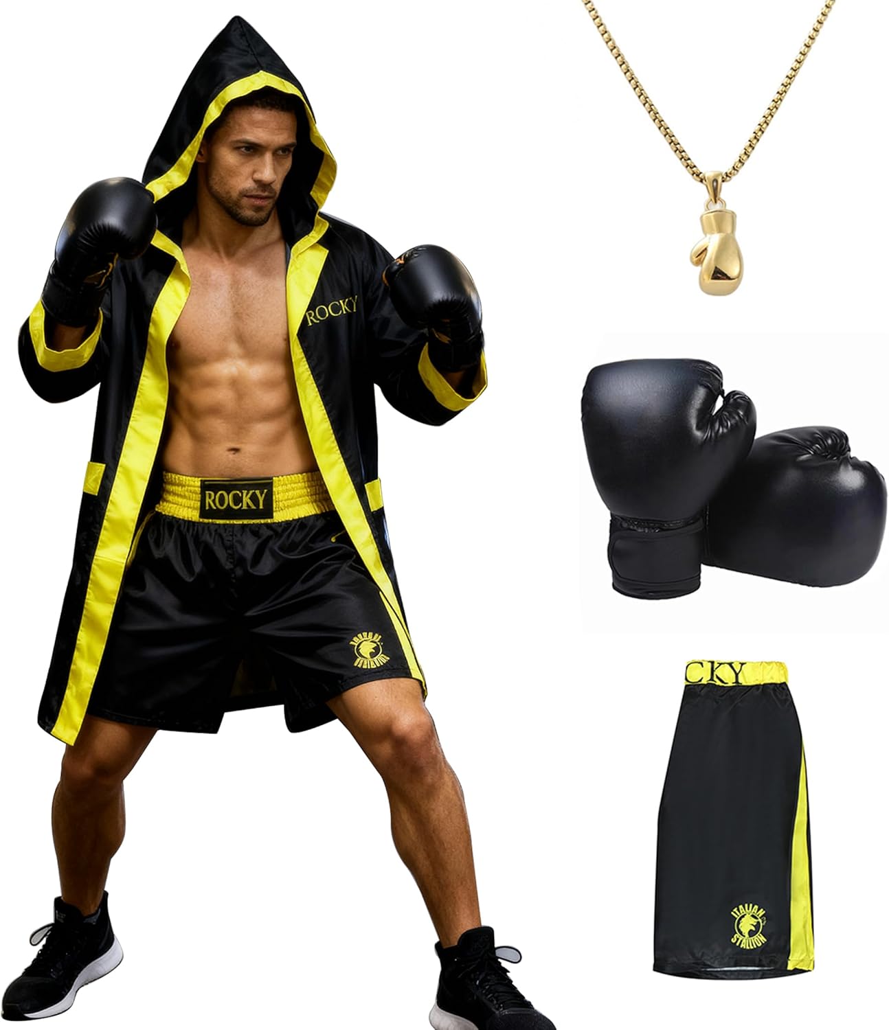 Men Boxing Costume Adult Satin American Flag Boxing Costume with Robe, Necklace, Boxing Gloves and Shorts