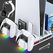 PS5 Stand with 3-Level Cooling Fan, PS5 Controller Charger with LED Light for Playstation 5 Controllers, PS5 Cooling Station PS5 Accessories incl. Headset Holder, HDD Slot