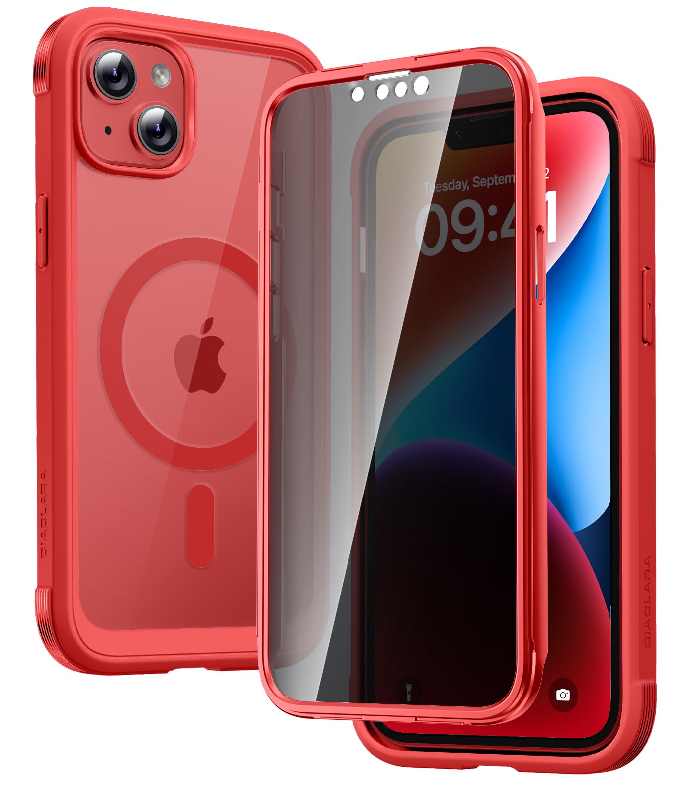 Diaclara Magnetic Designed for iPhone 14 Case 6.1 Inch,Upgraded Full Body Rugged Clear Bumper Case with Built-in Privacy Screen Protector for iPhone 14,RED