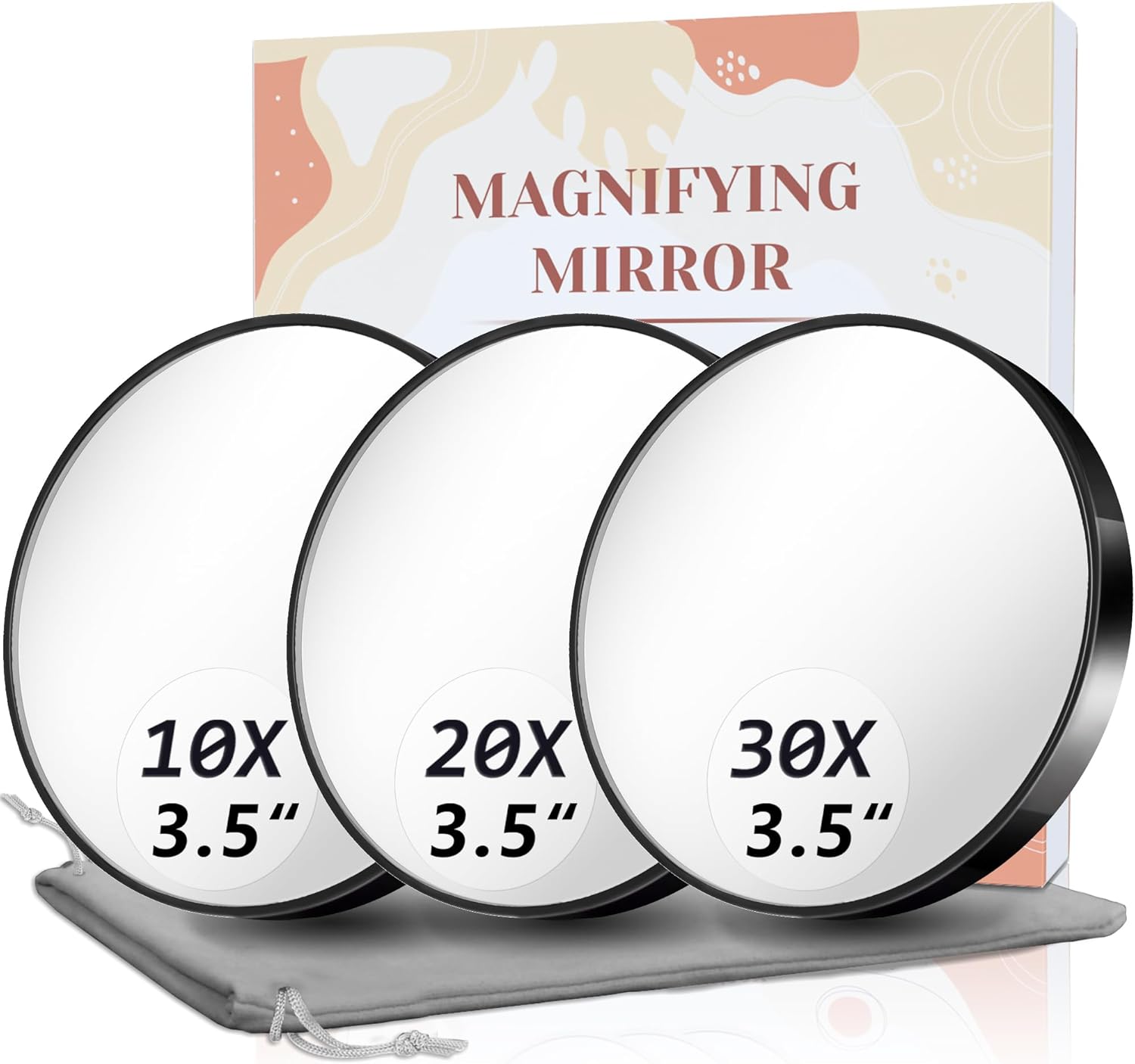 Magnifying Mirror, 10X & 20X & 30X Set, Magnified Mirrors 3.5" with Two Suction Cups, Travel Magnifying Mirror Set Comes with Portable Storage Bag, Compact Small Magnified Mirrors for Travel(Black)
